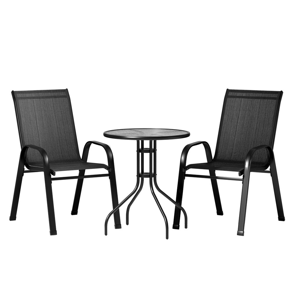 Conjunto de bistró para exteriores de 3 piezas Gardeon, mesa y sillas, muebles de patio apilables, color negro