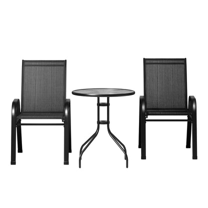 Conjunto de bistró para exteriores de 3 piezas Gardeon, mesa y sillas, muebles de patio apilables, color negro