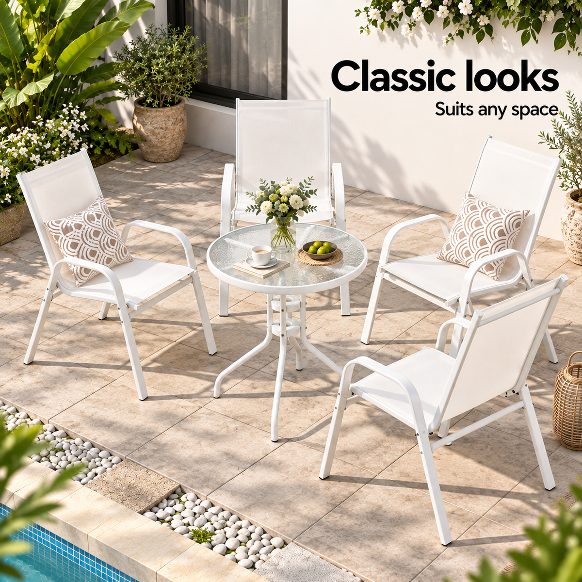 Gardeon 5PC Bistro Set Outdoor Table and Chairs Stackable Patio Furniture White