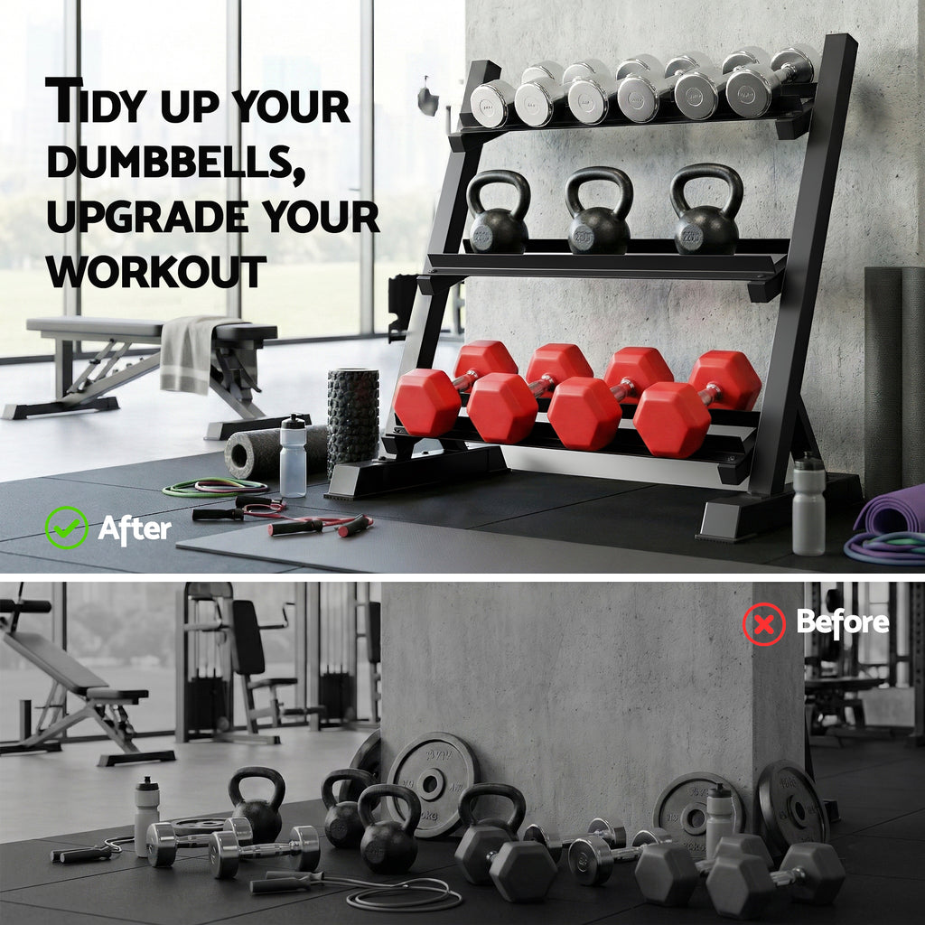 Everfit Dumbbell Rack 3-Tier Heavy Duty Weight Storage for Home Gym 300kg Capacity Black