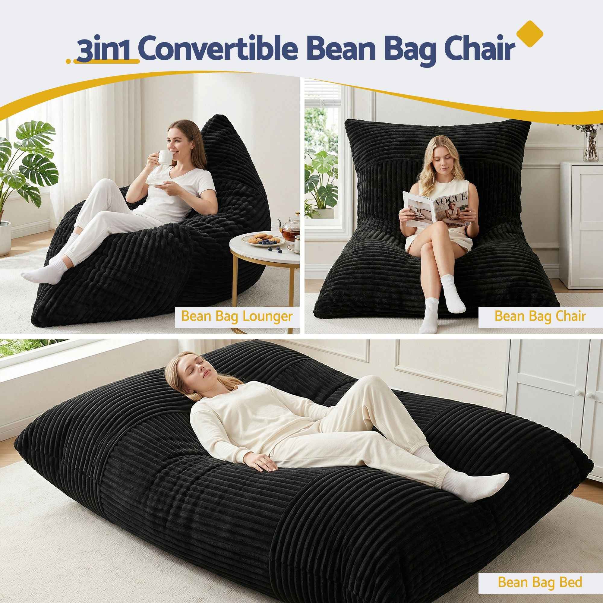 Artiss 3-in-1 Bean Bag Chair for Living Room Convertible Floor Sofa Dark Grey