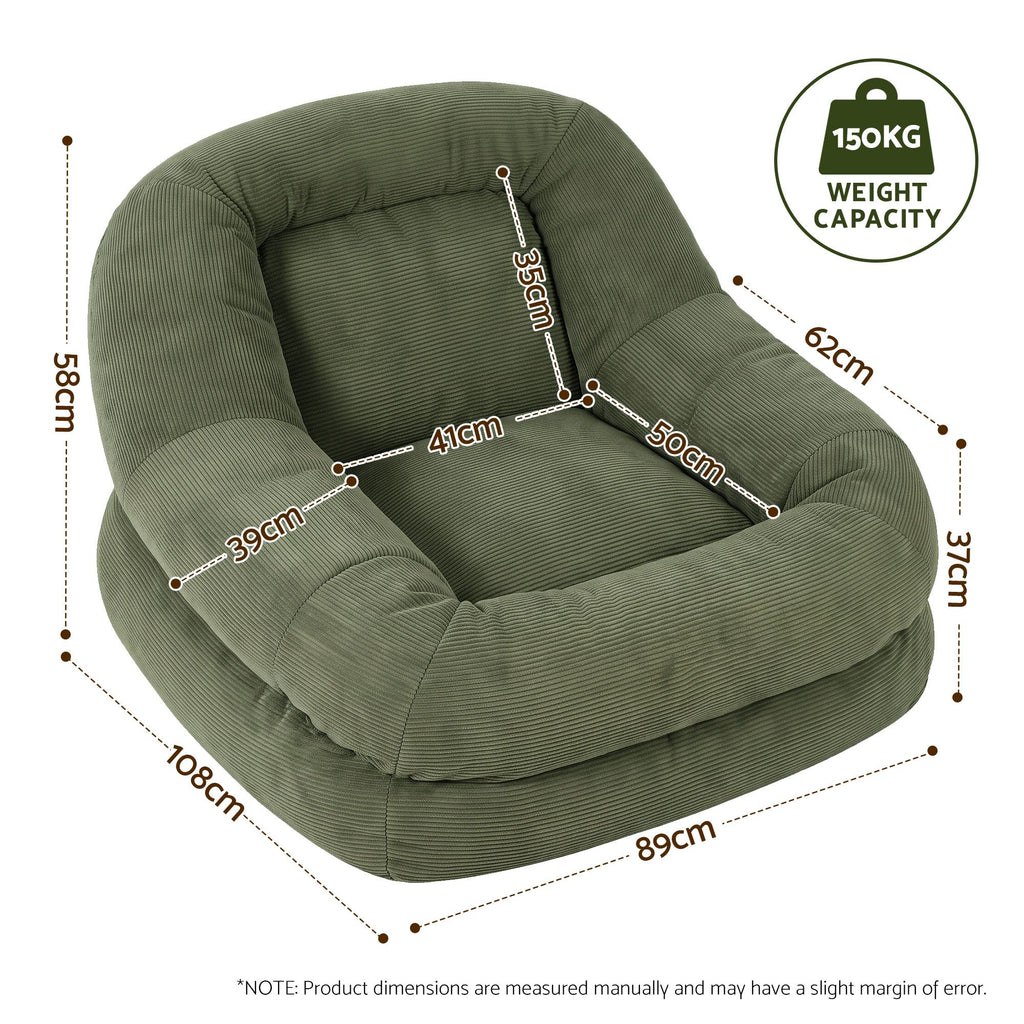 Artiss Armchair Floor Chair Couch Recliner 1 Seater Cloud Chaise Lounge Corduroy Green