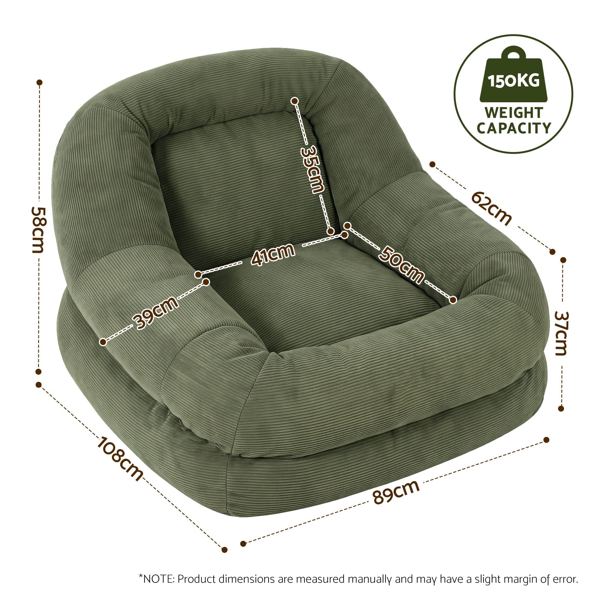 Artiss Armchair Floor Chair Couch Recliner 1 Seater Cloud Chaise Lounge Corduroy Green