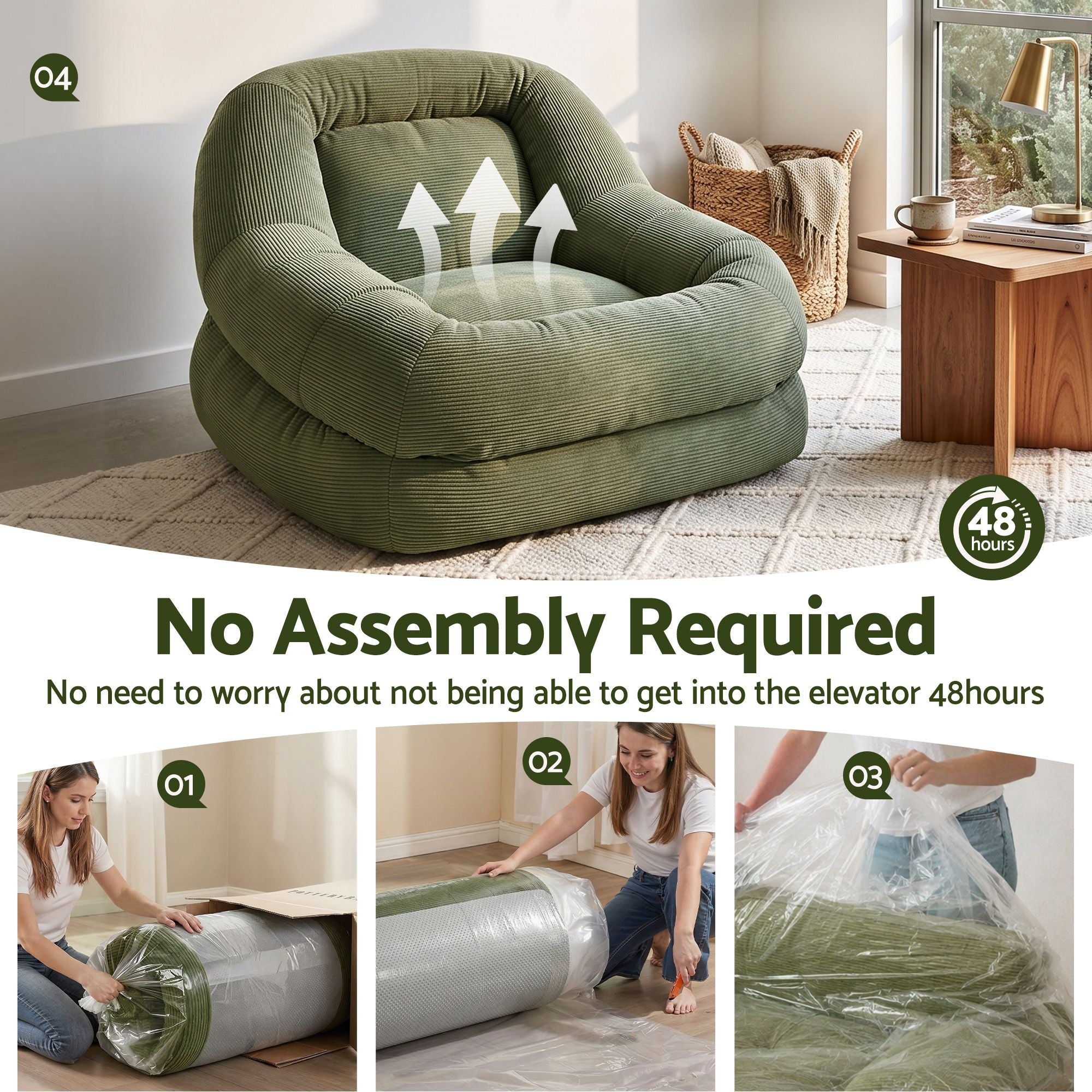 Artiss Armchair Floor Chair Couch Recliner 1 Seater Cloud Chaise Lounge Corduroy Green