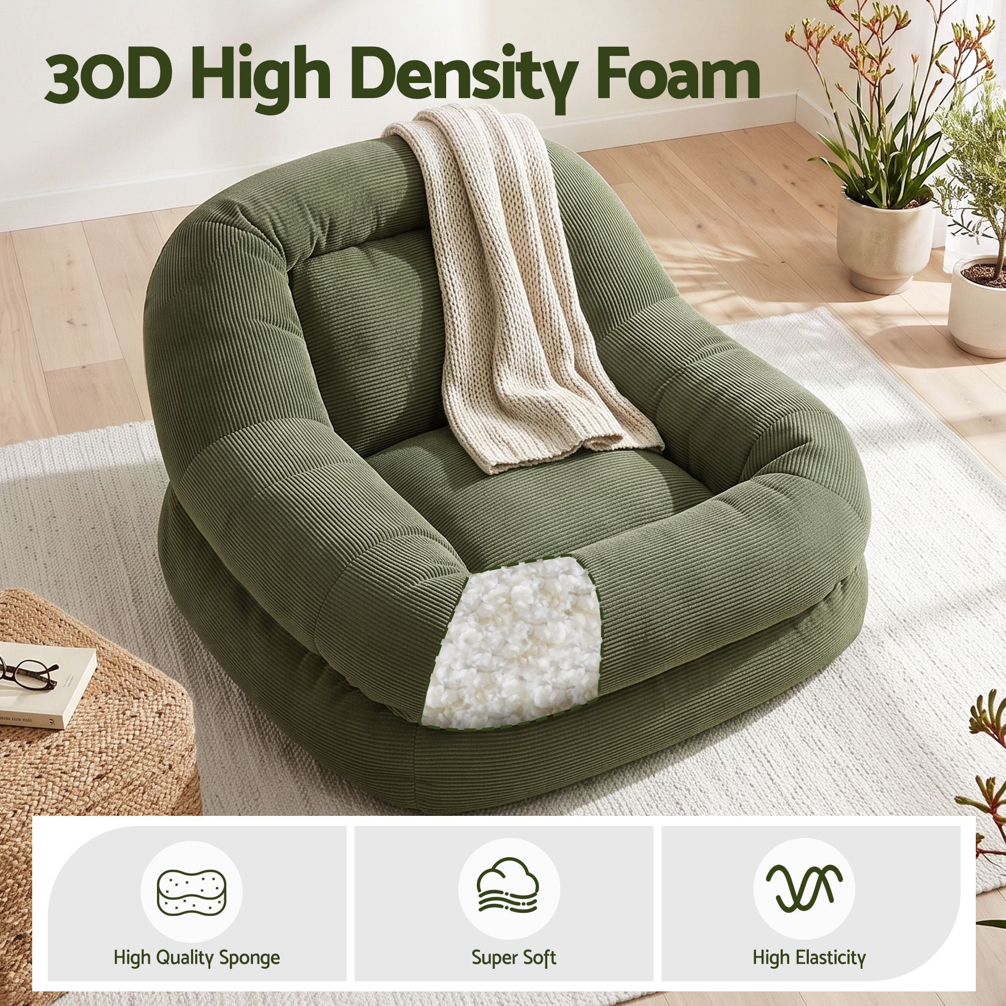 Artiss Armchair Floor Chair Couch Recliner 1 Seater Cloud Chaise Lounge Corduroy Green