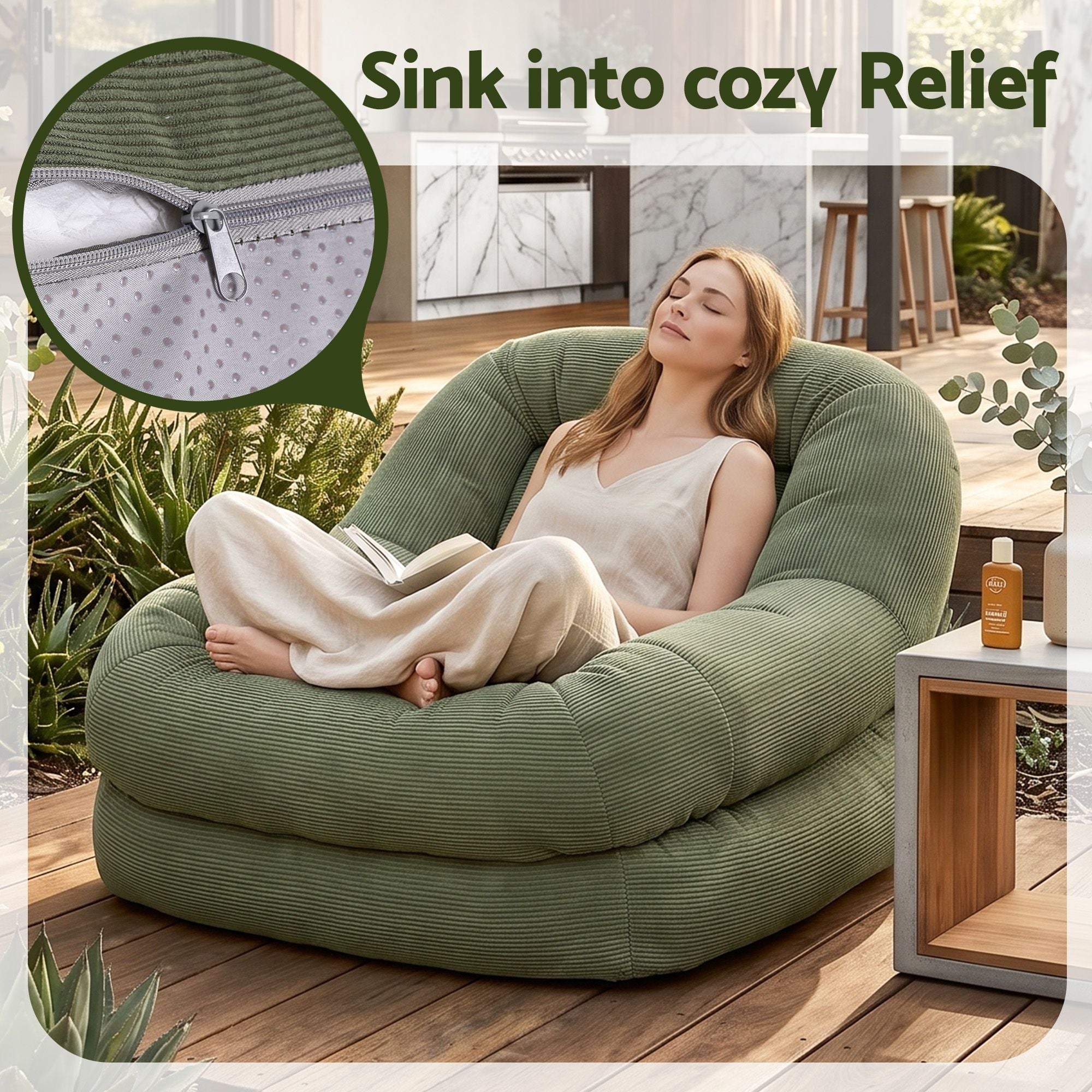 Artiss Armchair Floor Chair Couch Recliner 1 Seater Cloud Chaise Lounge Corduroy Green