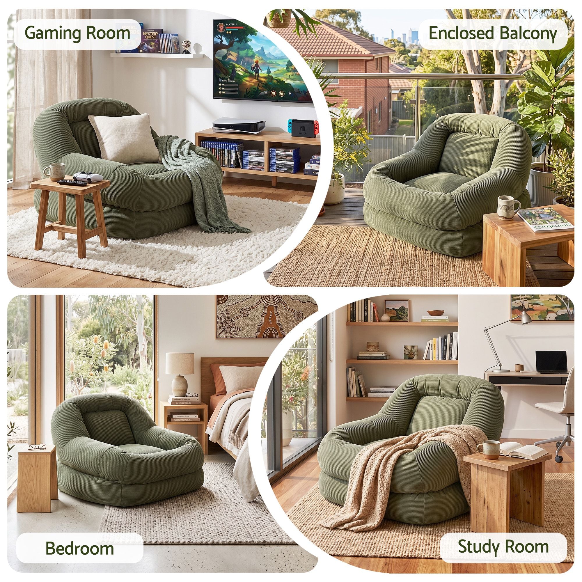 Artiss Armchair Floor Chair Couch Recliner 1 Seater Cloud Chaise Lounge Corduroy Green