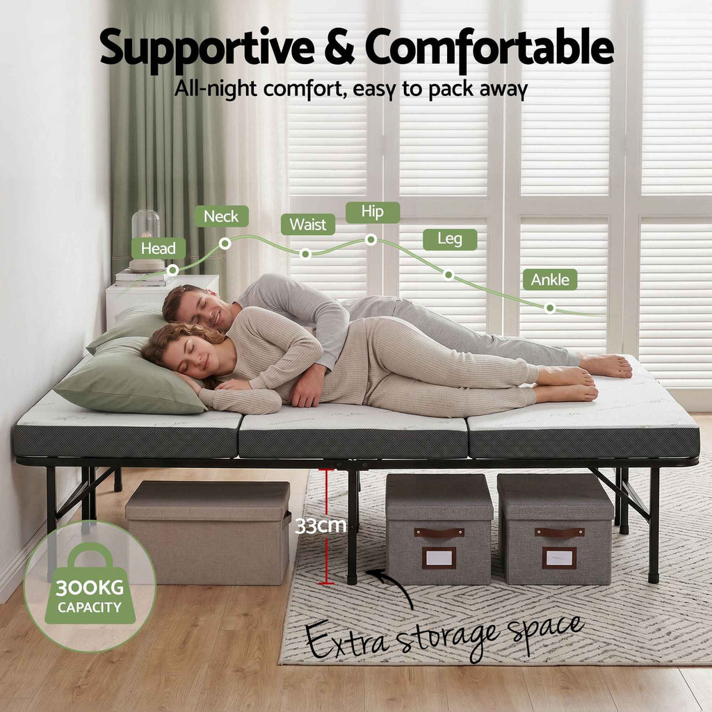 Giselle Folding Bed with Mattress Queen Portable Foldable Guest Bed Bamboo Cover