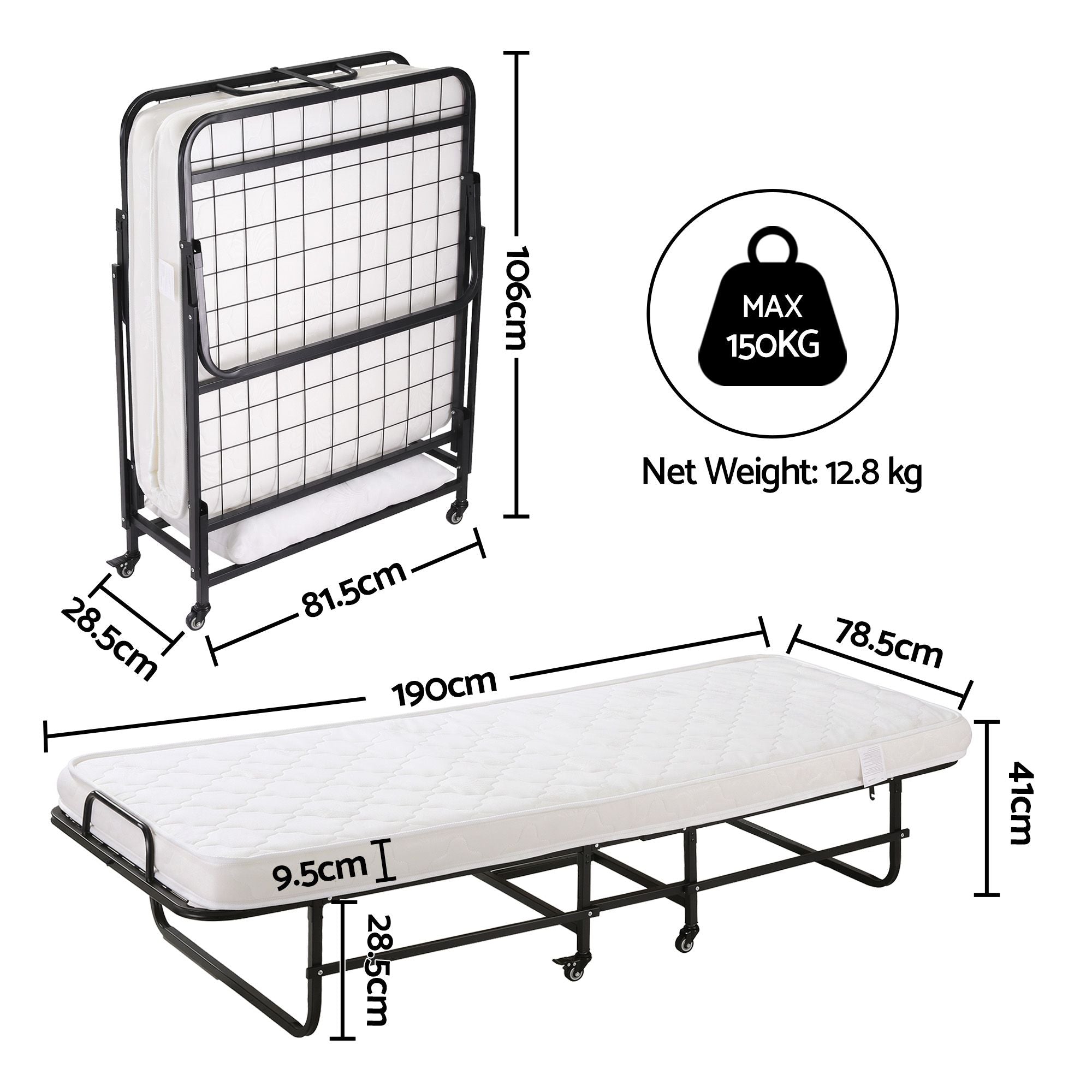 ARTISS Folding Bed with Mattress, Portable Rollaway 150kg Capacity 190CM