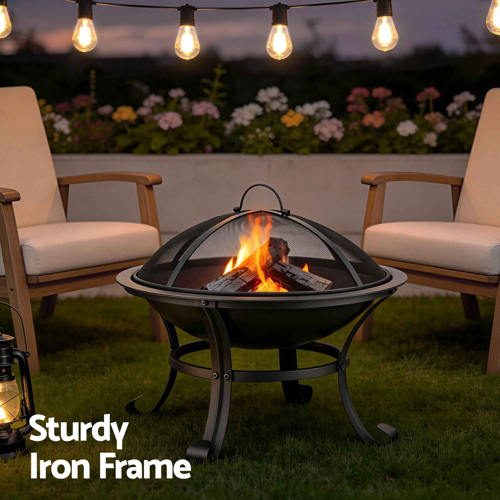 Grillz Fire Pit with Mesh Lid and Fire Picker BBQ Grill Wood Burning Outdoor Camping