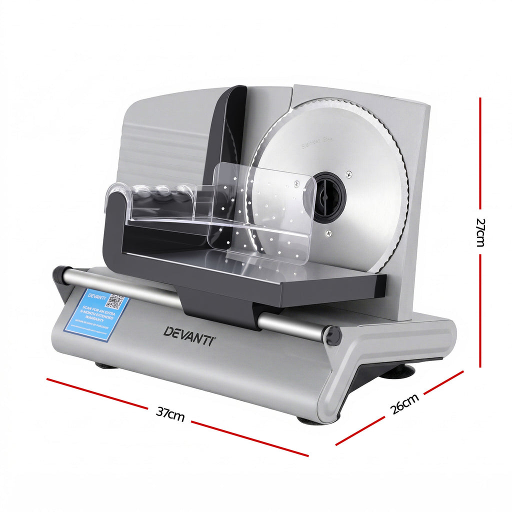 Devanti Meat Slicer Bread Vegetable, 200W Power 0-15mm Adjustable Easy Clean Stable Stainless Steel Blade Food Slicer for Kitchen Commercial, Silver