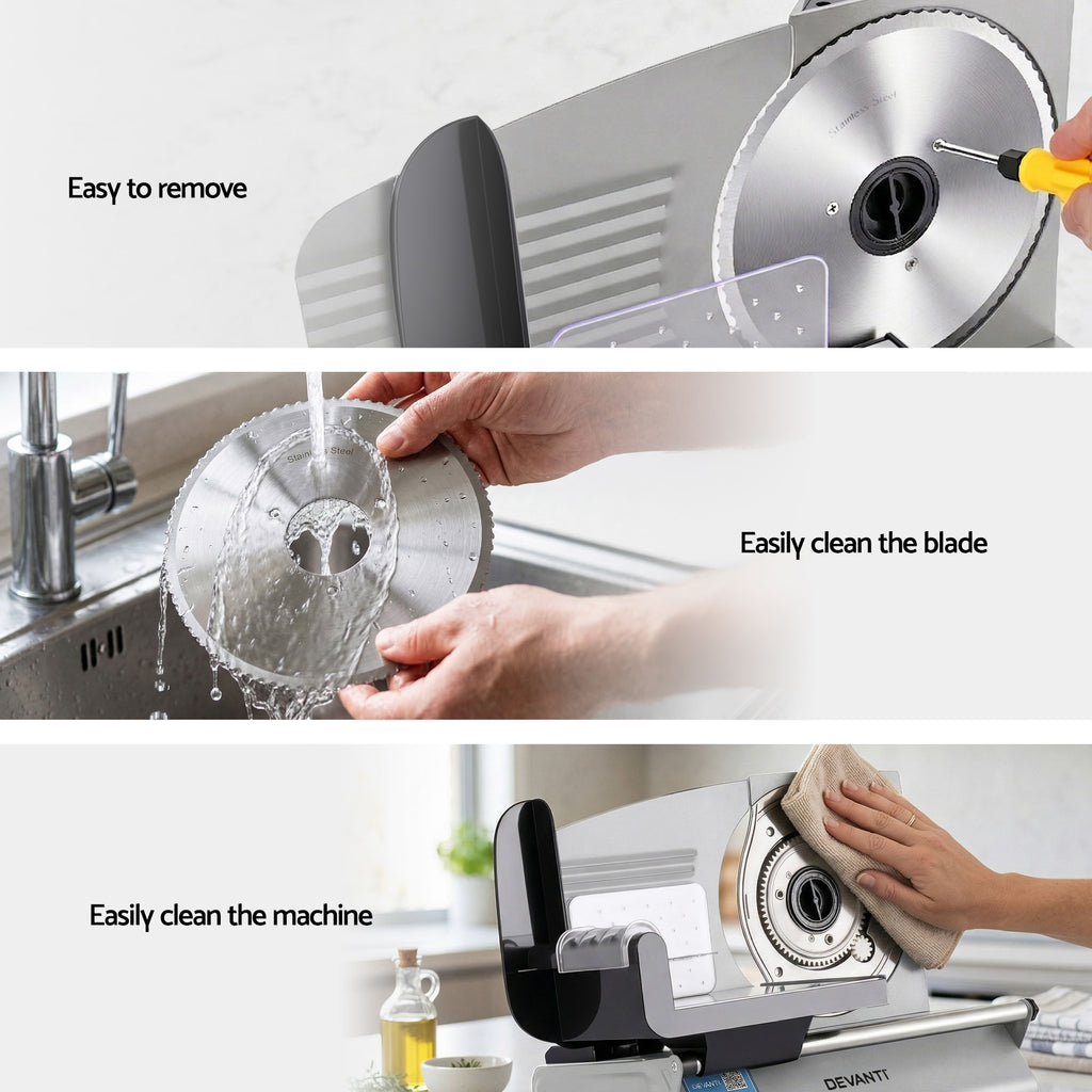 Devanti Meat Slicer Bread Vegetable, 200W Power 0-15mm Adjustable Easy Clean Stable Stainless Steel Blade Food Slicer for Kitchen Commercial, Silver