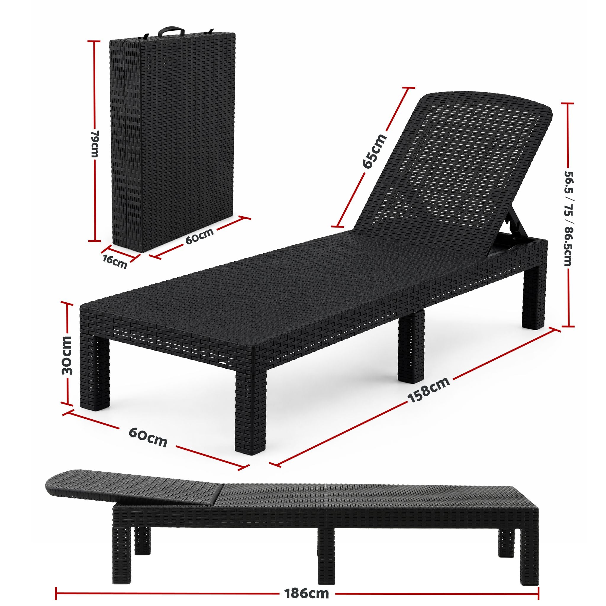 Gardeon Sun Lounge Outdoor Folding Recliner Patio Pool Beach Chair Rattan Black