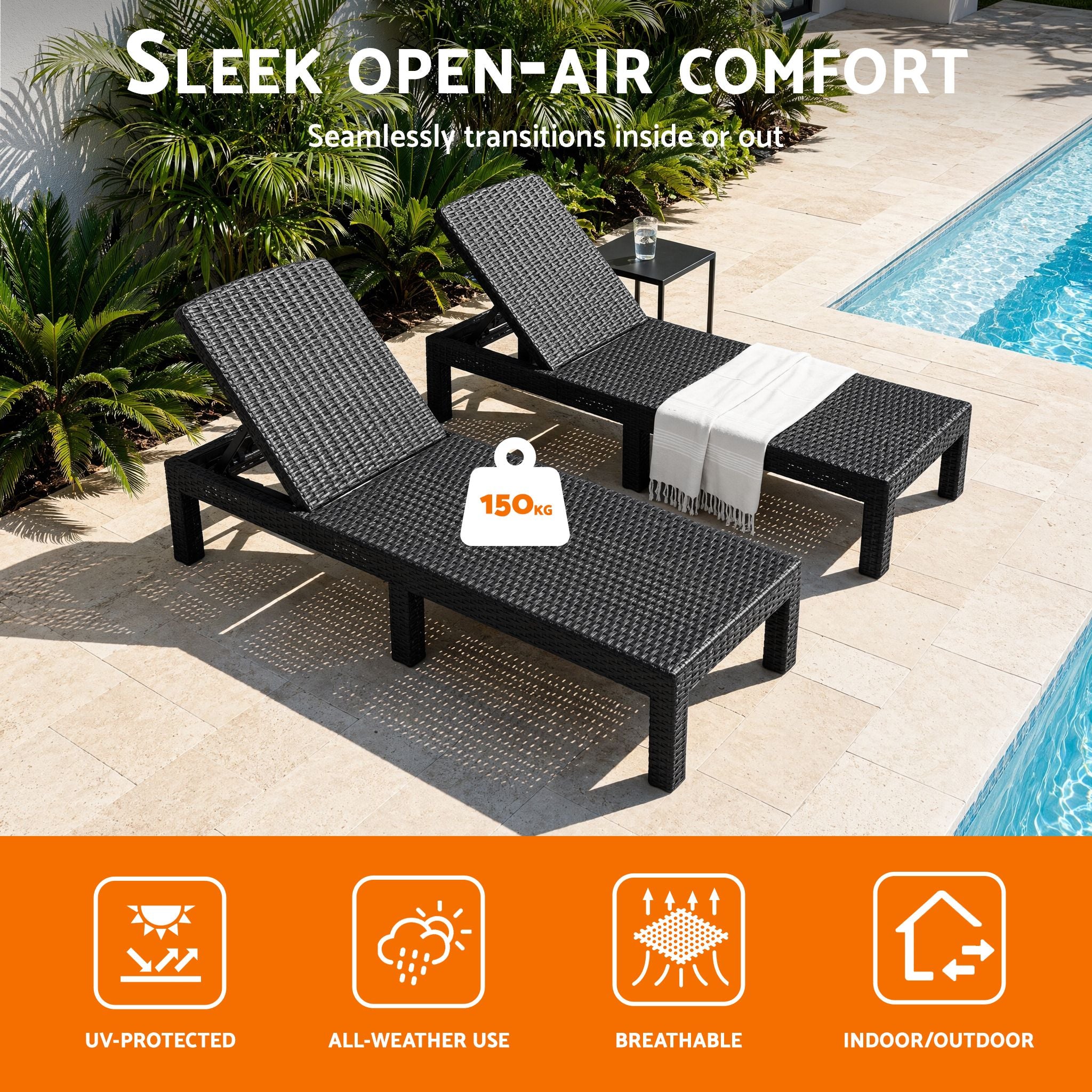 Gardeon Sun Lounge Outdoor Folding Recliner Patio Pool Beach Chair Rattan Black