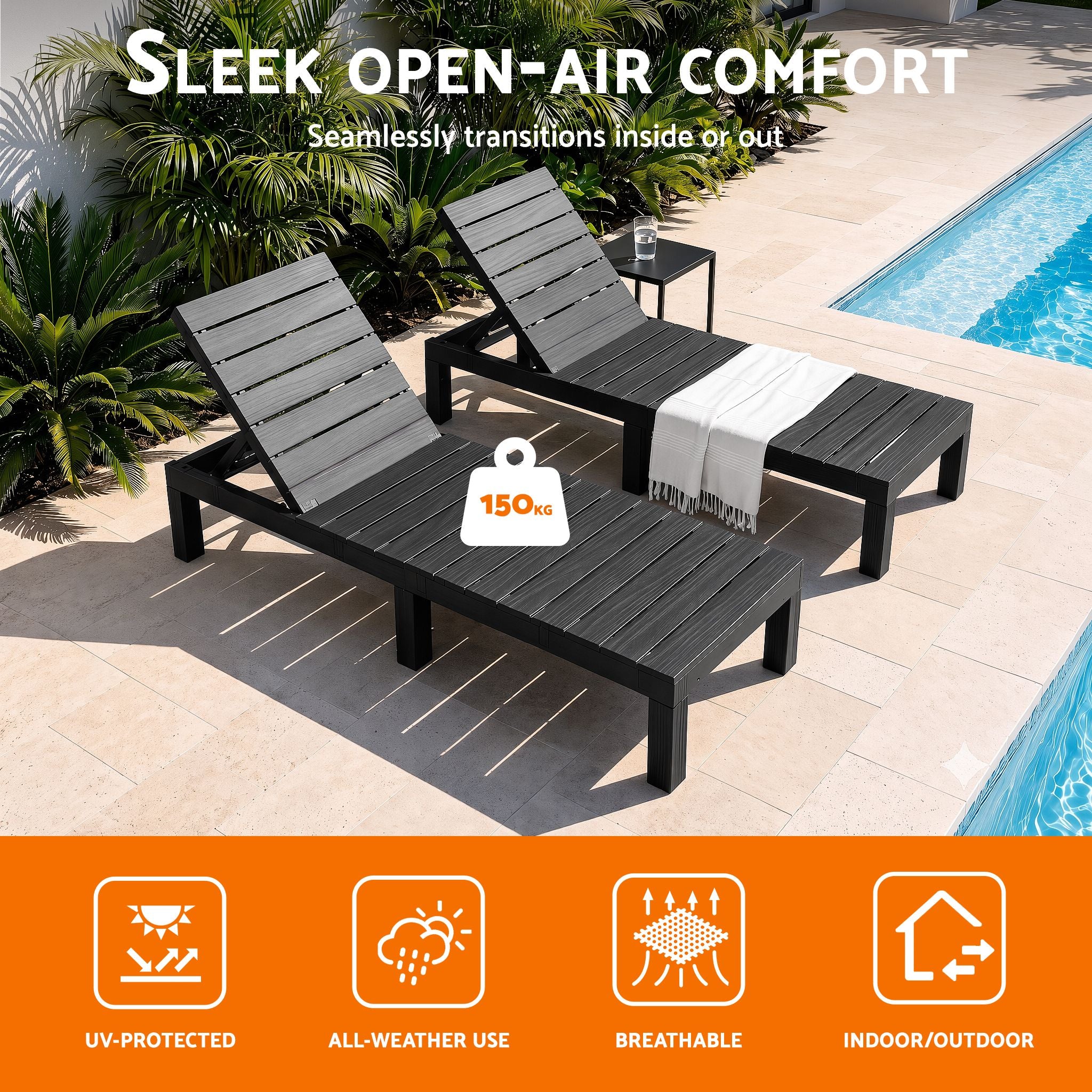 Gardeon Sun Lounge Outdoor Folding Recliner Patio Pool Beach Chair Slatted Black