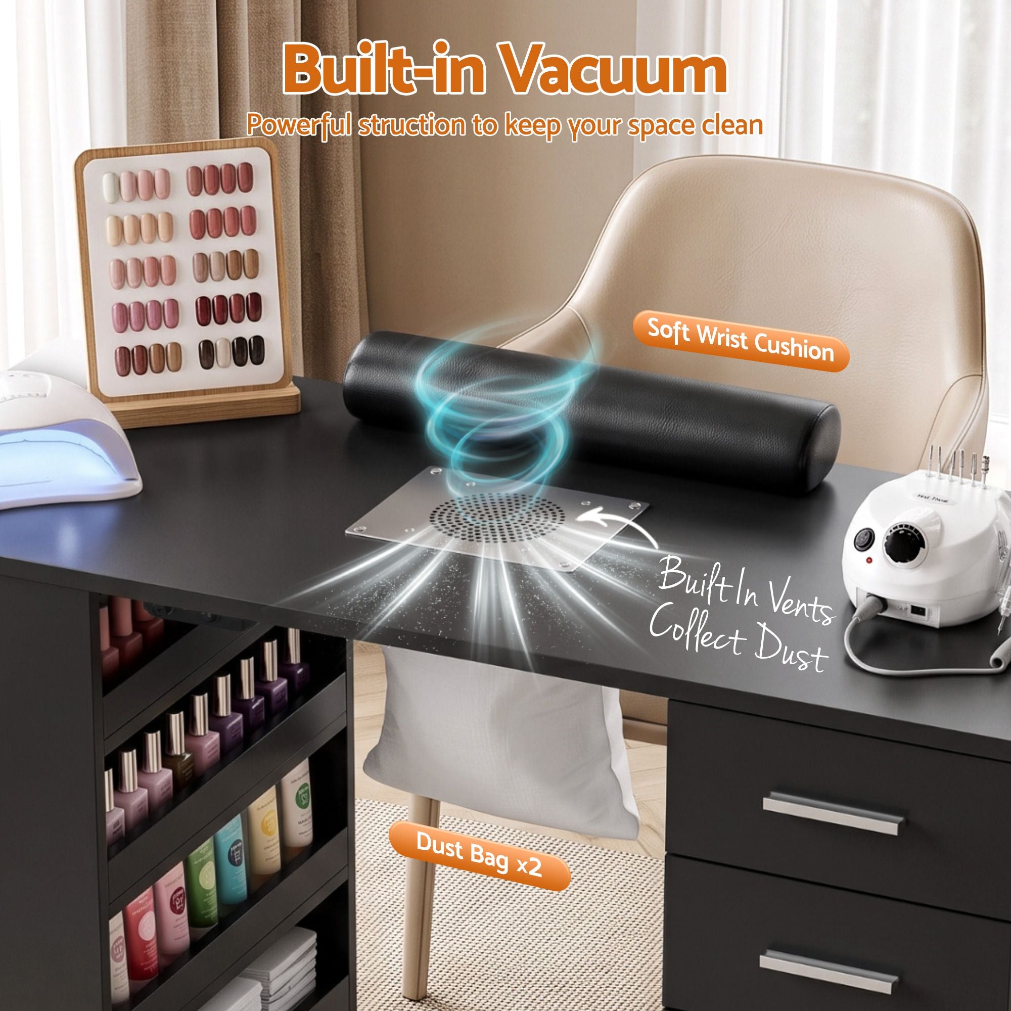 Artiss Manicure Table Nail Desk with Built-in Dust Collector Beauty Salon Station Drawers Shelves Wrist Cushion Black