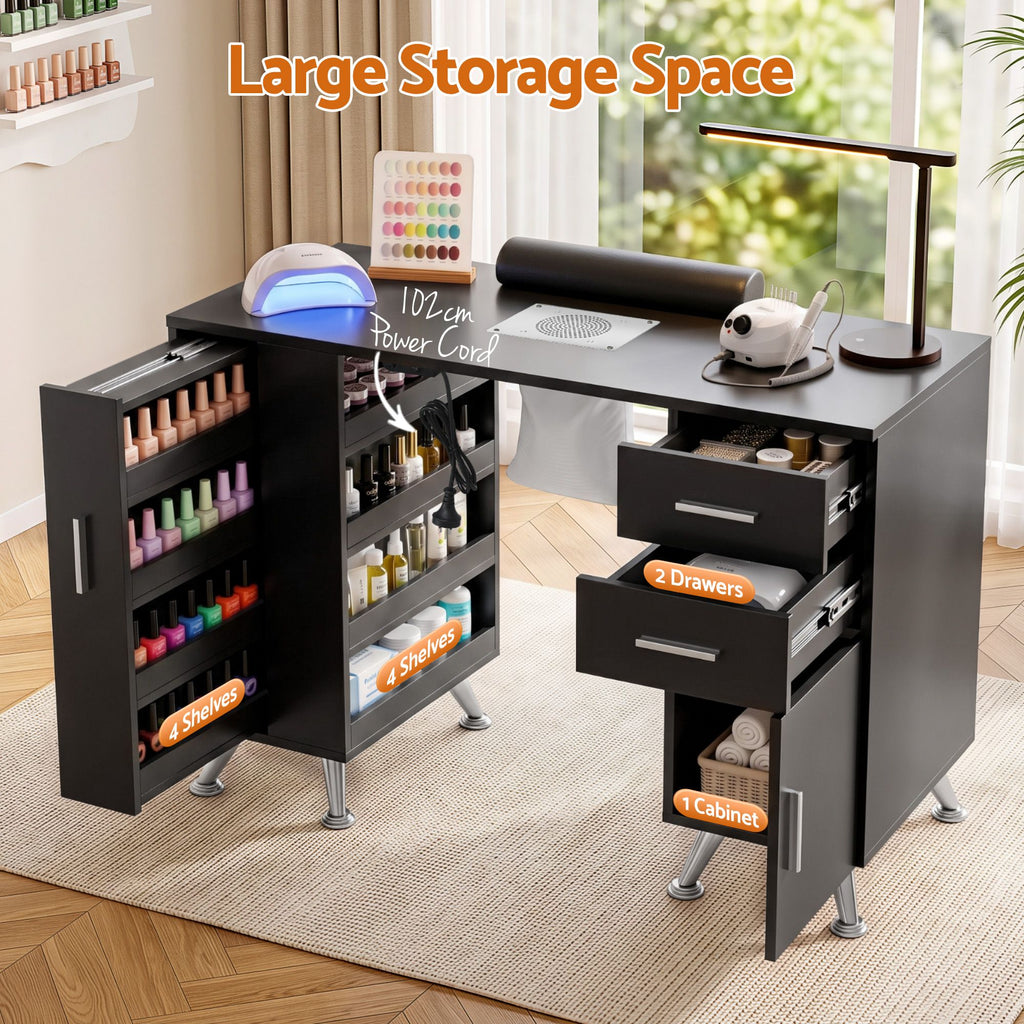 Artiss Manicure Table Nail Desk with Built-in Dust Collector Beauty Salon Station Drawers Shelves Wrist Cushion Black