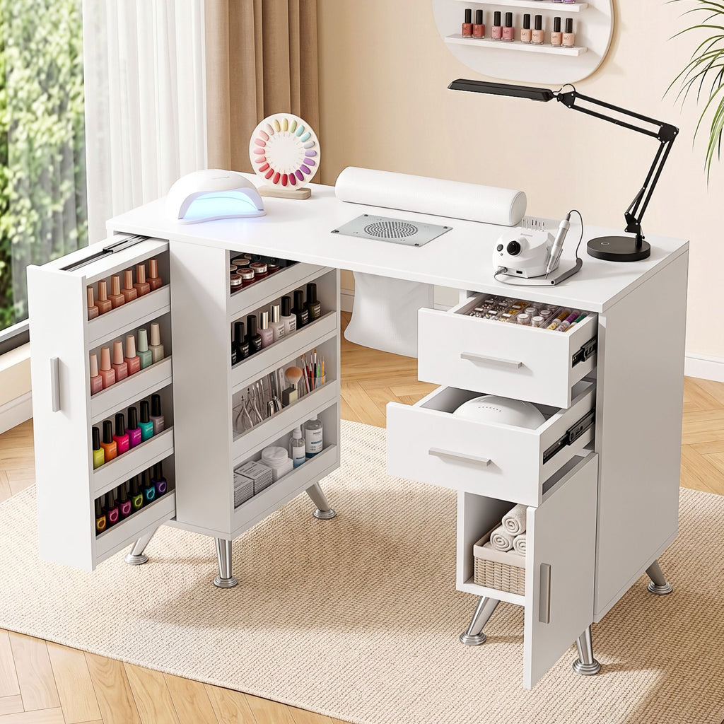 Artiss Manicure Table Nail Desk with Built-in Dust Collector Beauty Salon Station Drawers Shelves Wrist Cushion White