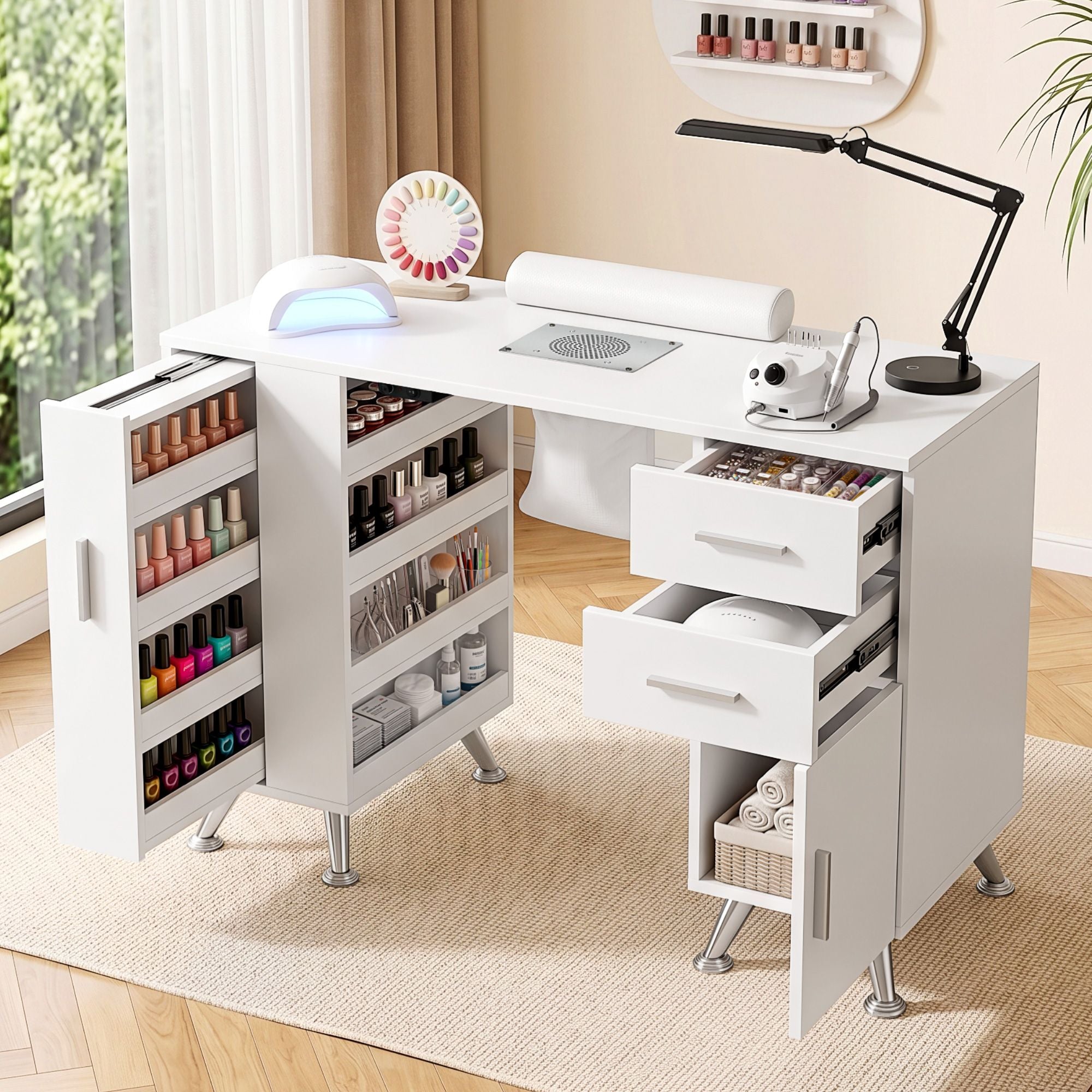 Artiss Manicure Table Nail Desk with Built-in Dust Collector Beauty Salon Station Drawers Shelves Wrist Cushion White