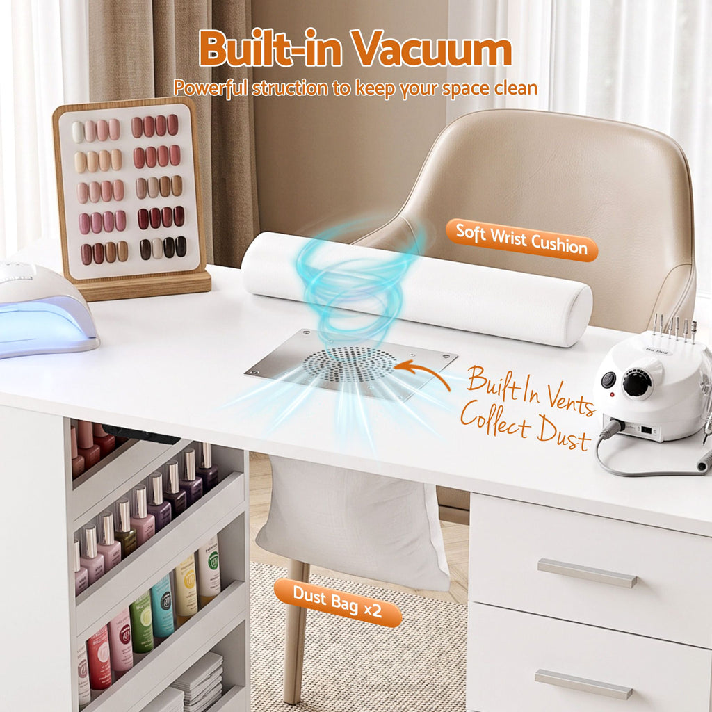 Artiss Manicure Table Nail Desk with Built-in Dust Collector Beauty Salon Station Drawers Shelves Wrist Cushion White