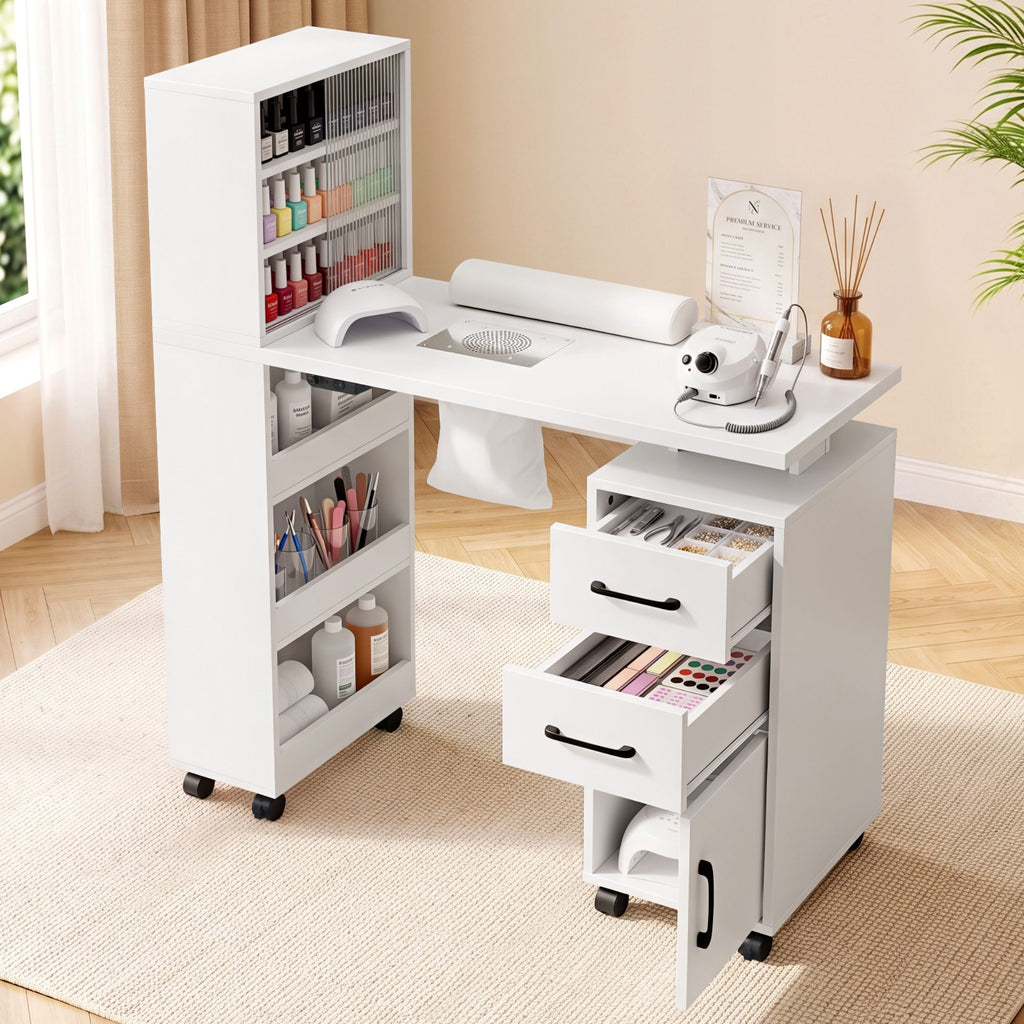 Artiss Manicure Table Nail Desk with Built-in Dust Collector Beauty Salon Station Drawers Shelves Wrist Cushion White