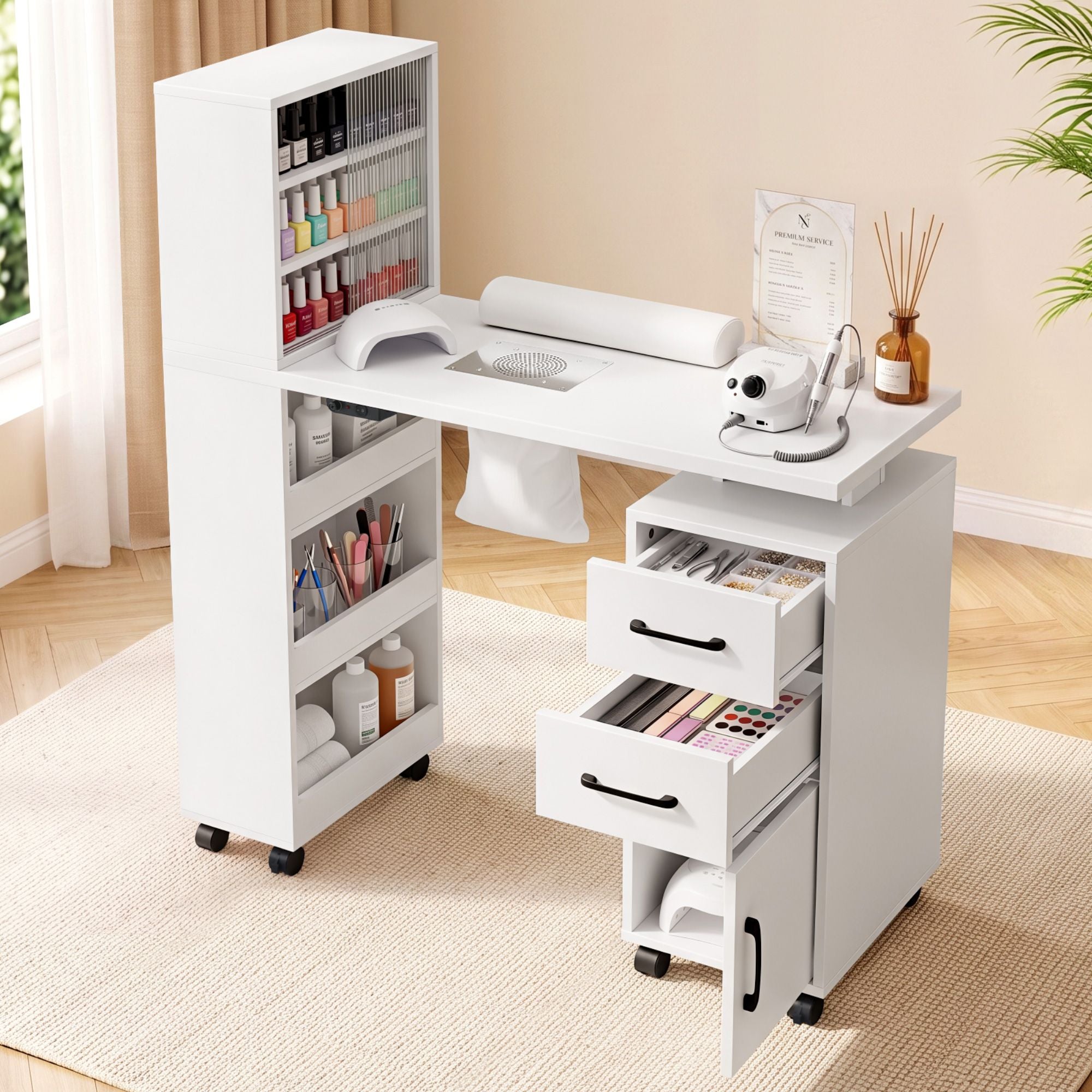 Artiss Manicure Table Nail Desk with Built-in Dust Collector Beauty Salon Station Drawers Shelves Wrist Cushion White