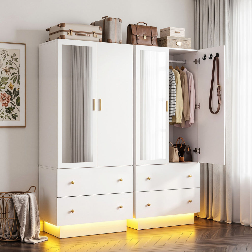 Artiss LED Wardrobe Cabinet Clothes Storage with Mirror 2 Drawers Hanging Rail