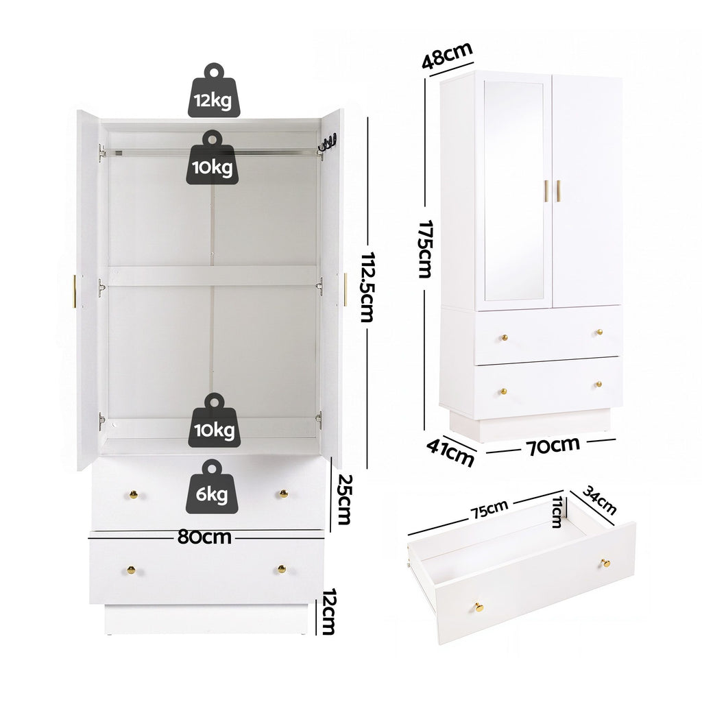 Artiss LED Wardrobe Cabinet Clothes Storage with Mirror 2 Drawers Hanging Rail