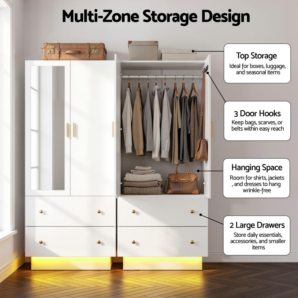 Artiss LED Wardrobe Cabinet Clothes Storage with Mirror 2 Drawers Hanging Rail