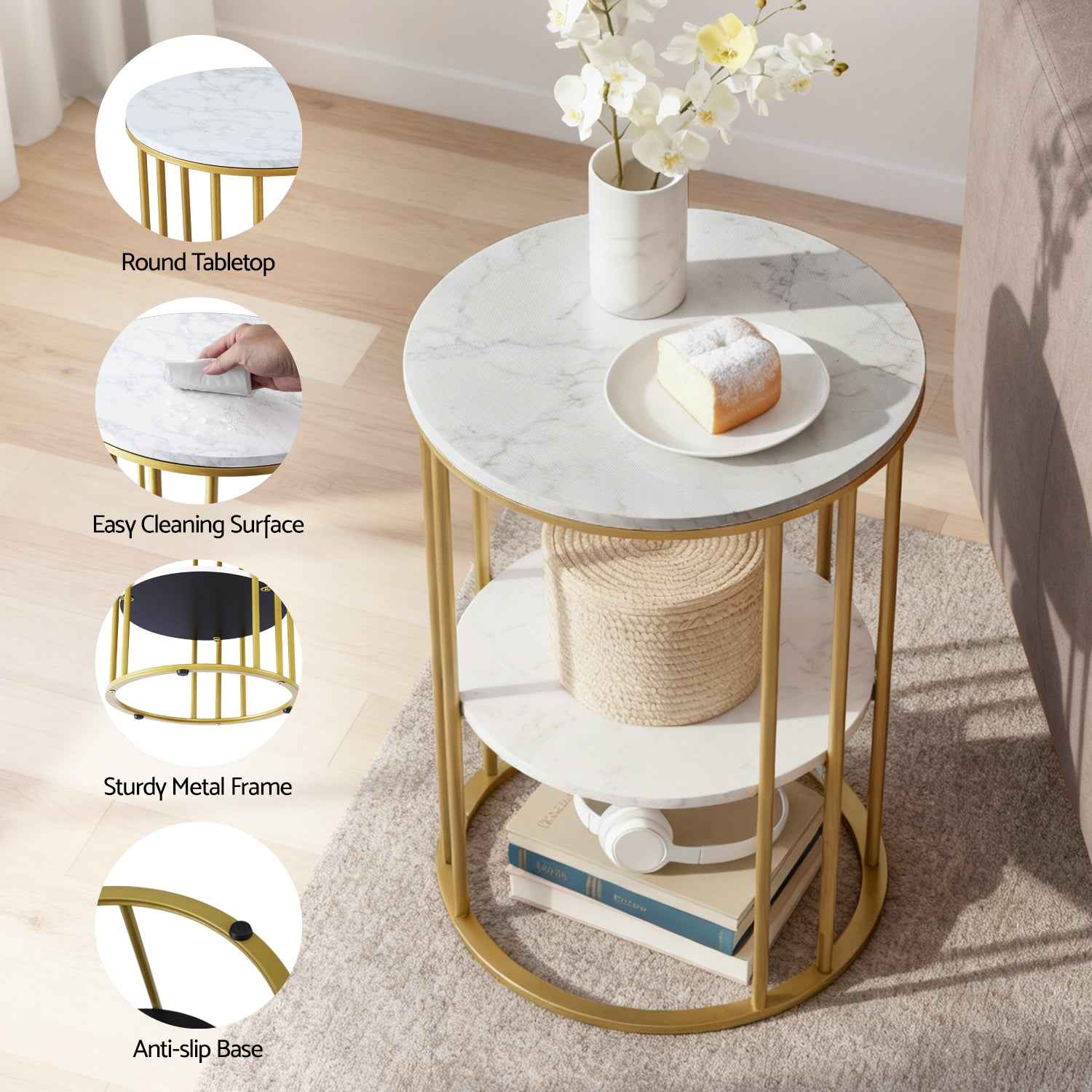 Artiss Coffee Table 2-Tier Round Marble Effect White&Gold