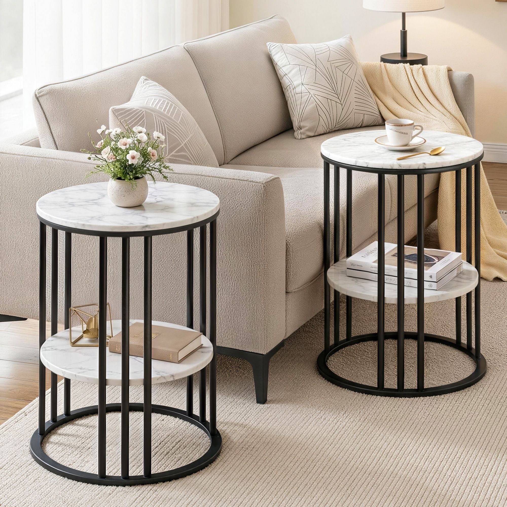 Artiss Set of 2 Side Table Coffee Table 2-Tier Round Marble Effect
