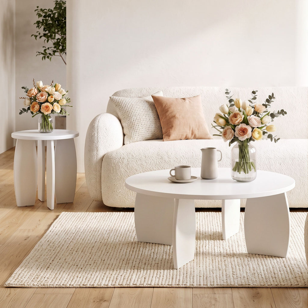 Artiss Coffee Table Set of 2 High Gloss Round Side Bedside Table Wood Living Room Cream