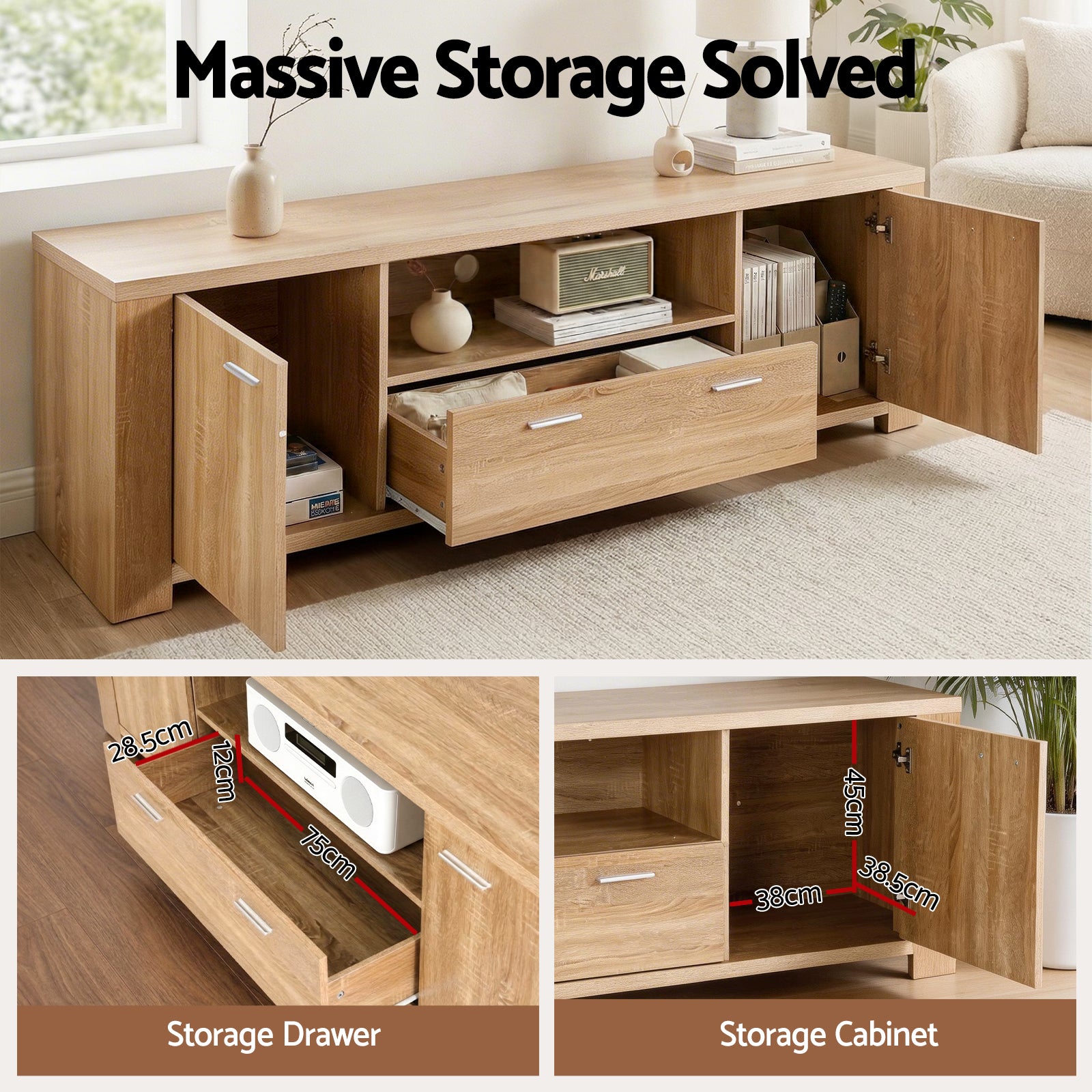 Artiss 180cm TV Unit Entertainment Unit Storage Drawer Cabinet Pine