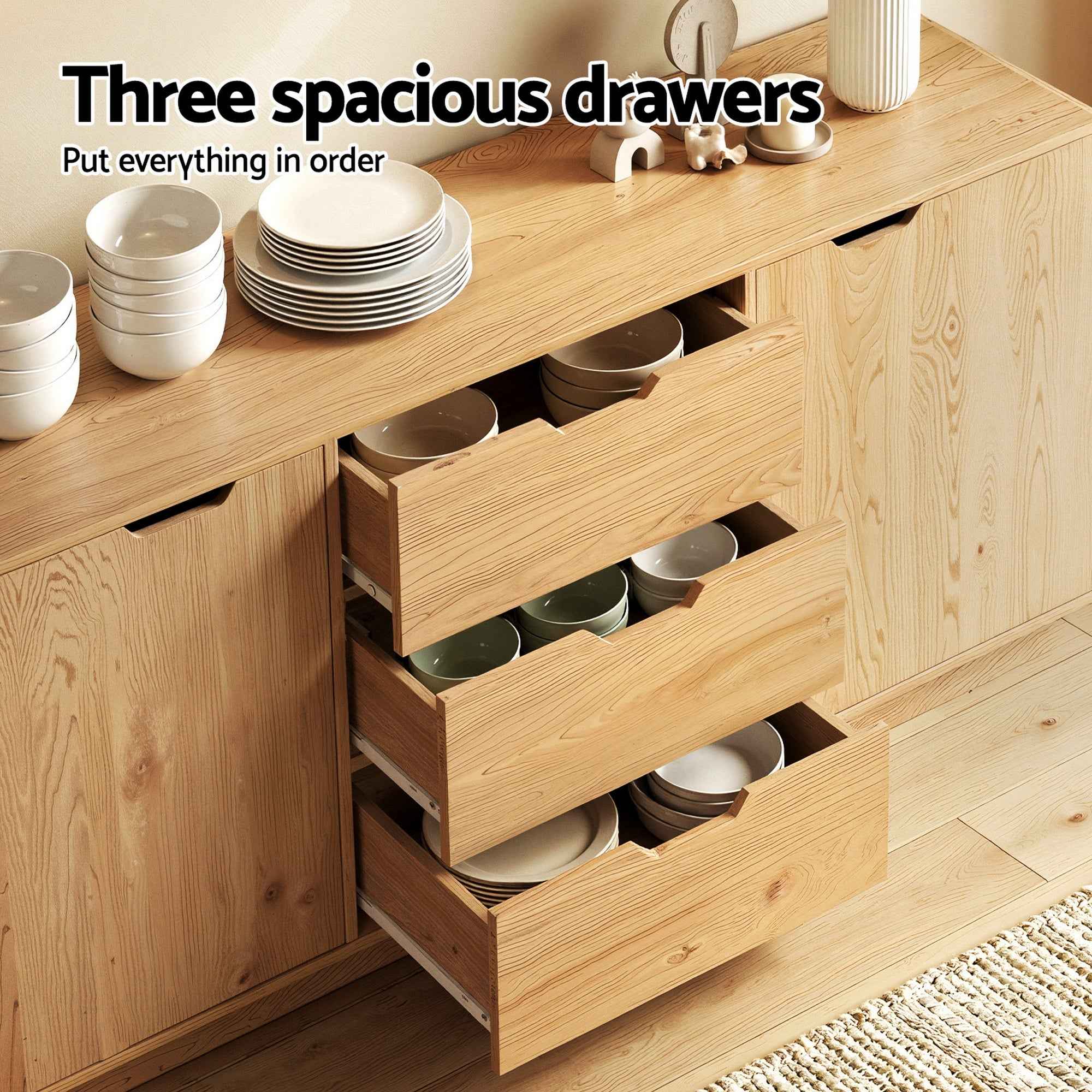 Artiss Buffet Sideboard Cabinet Storage Kitchen Cupboard Drawers Round Edge Oak