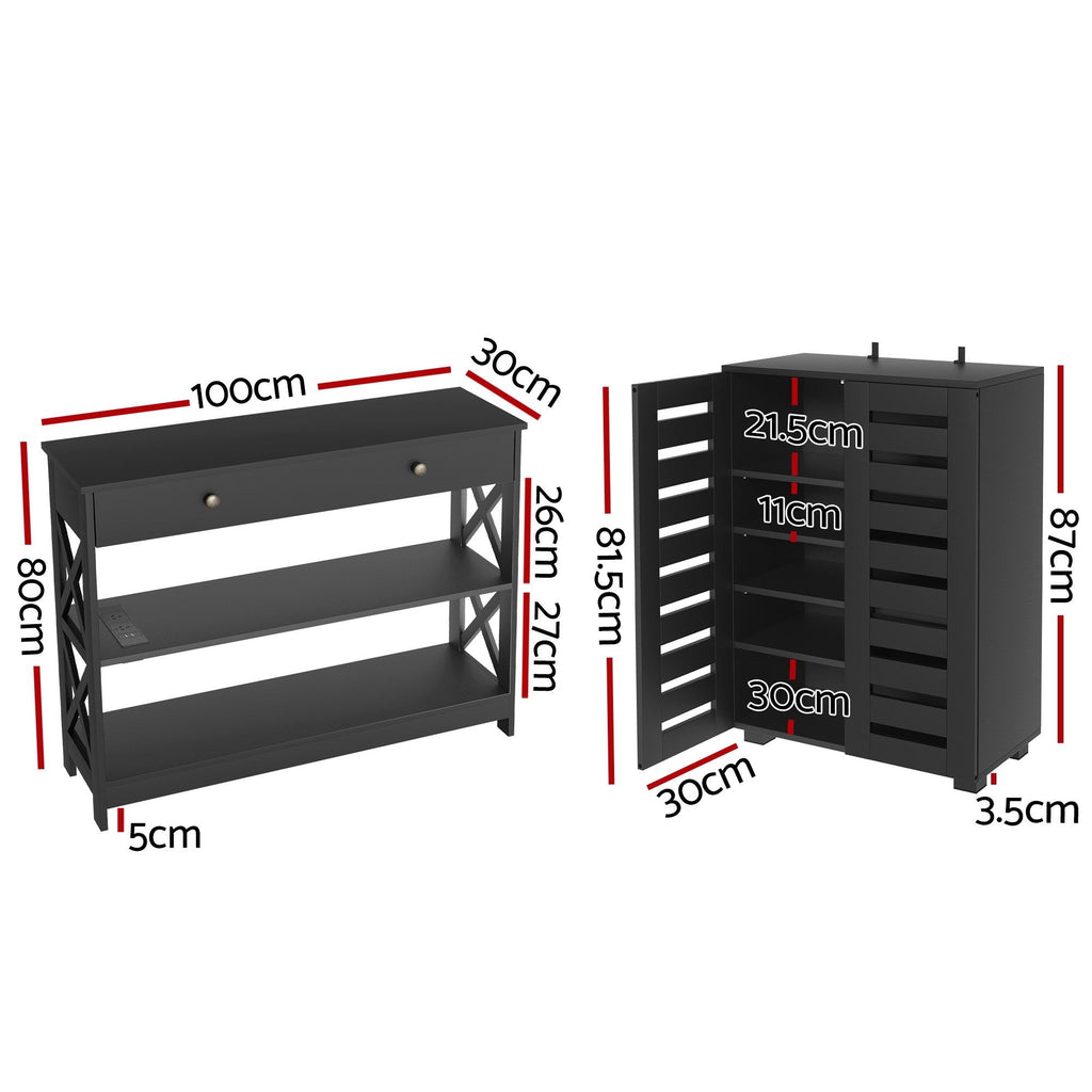 Artiss Shoe Rack Cabinet & Console Table Set Storage Shelf Black