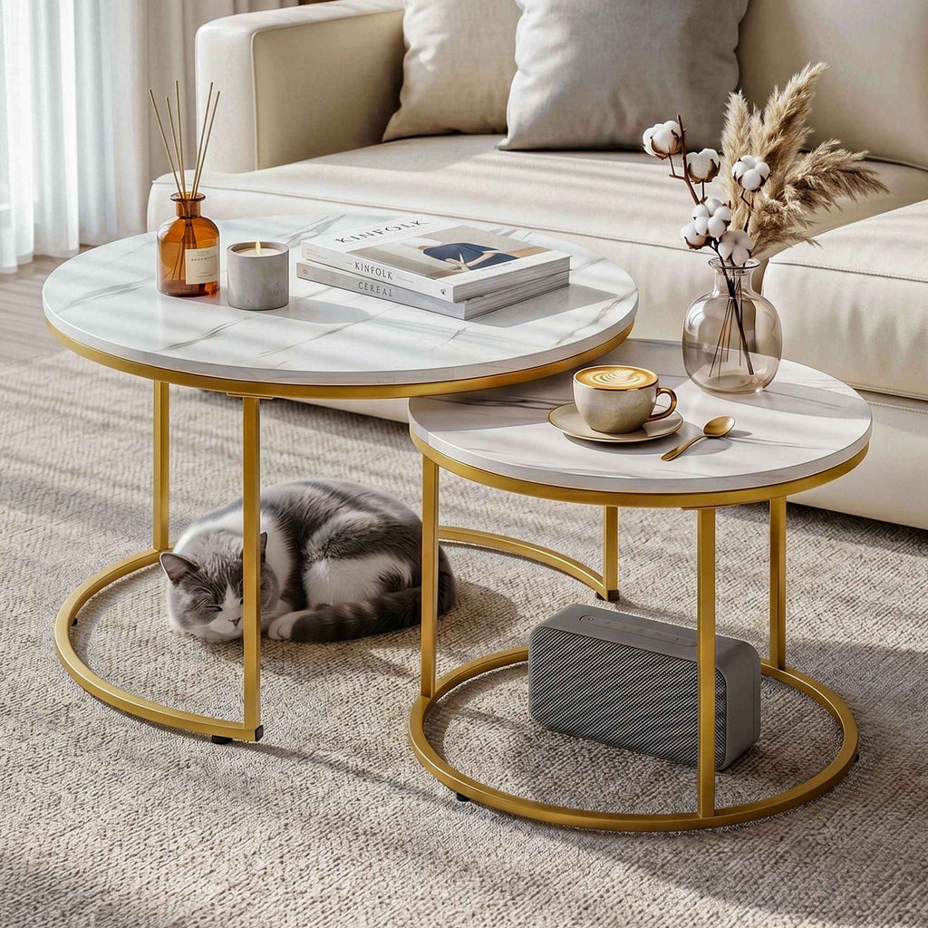 Artiss Nesting Coffee Table Set of 2 Round Marble Effect 70/50cm White & Gold