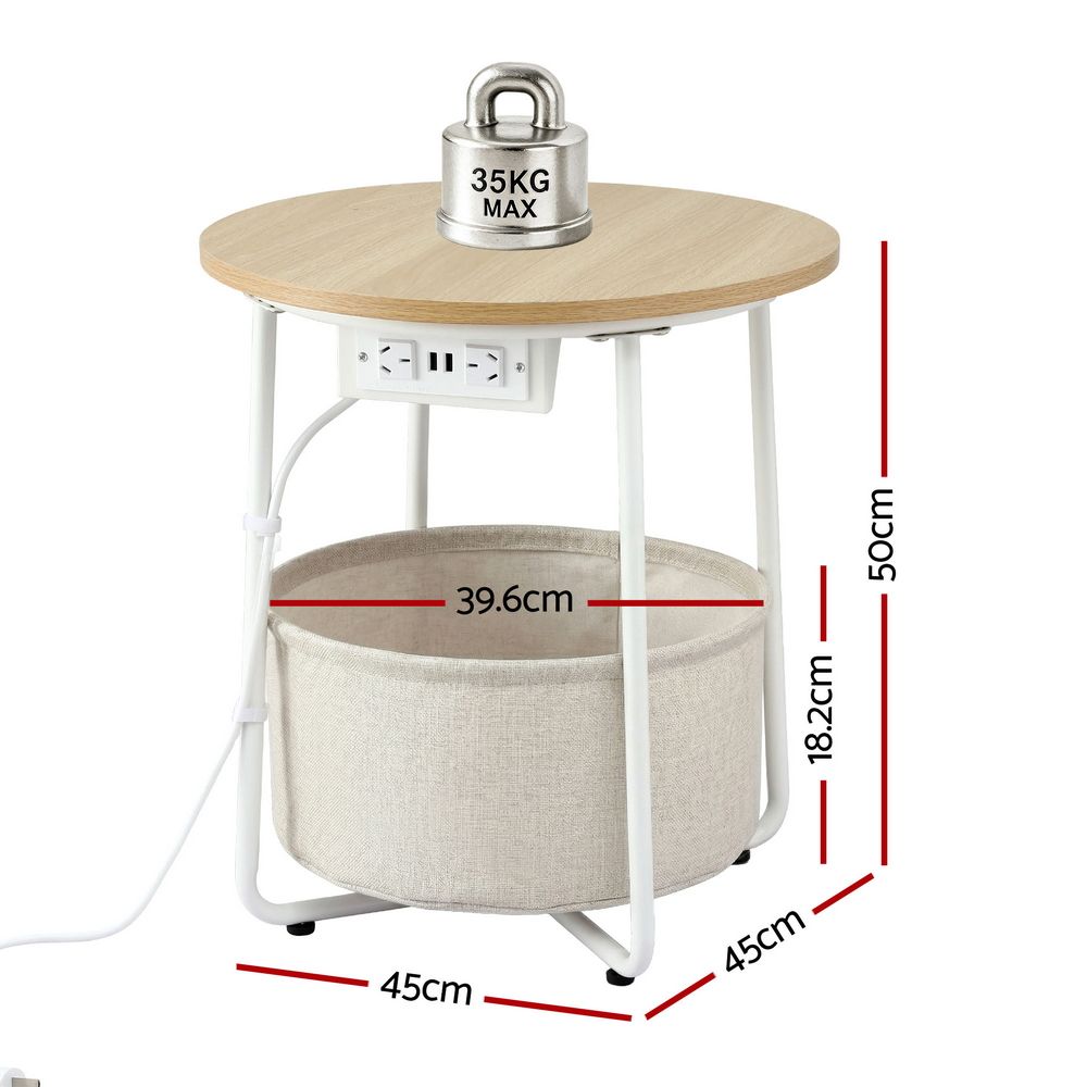 Artiss Round Coffee Table Side End Table Charging Station Storage Basket