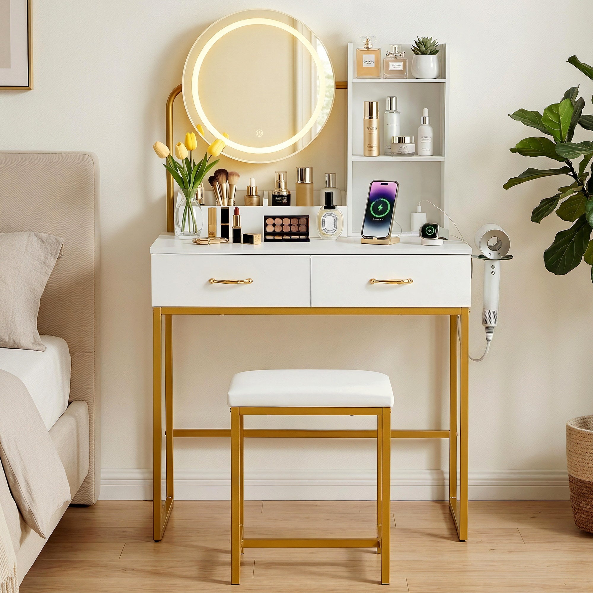 Artiss Dressing Table Vanity Desk Set Stool LED Charging Station White