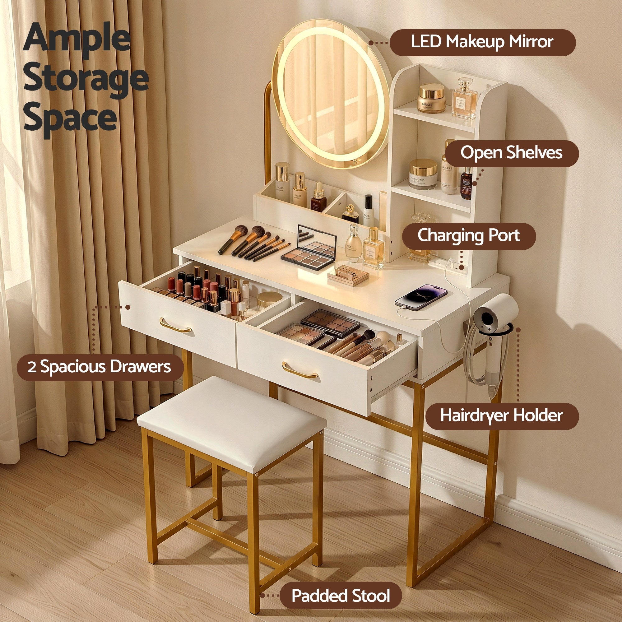 Artiss Dressing Table Vanity Desk Set Stool LED Charging Station White