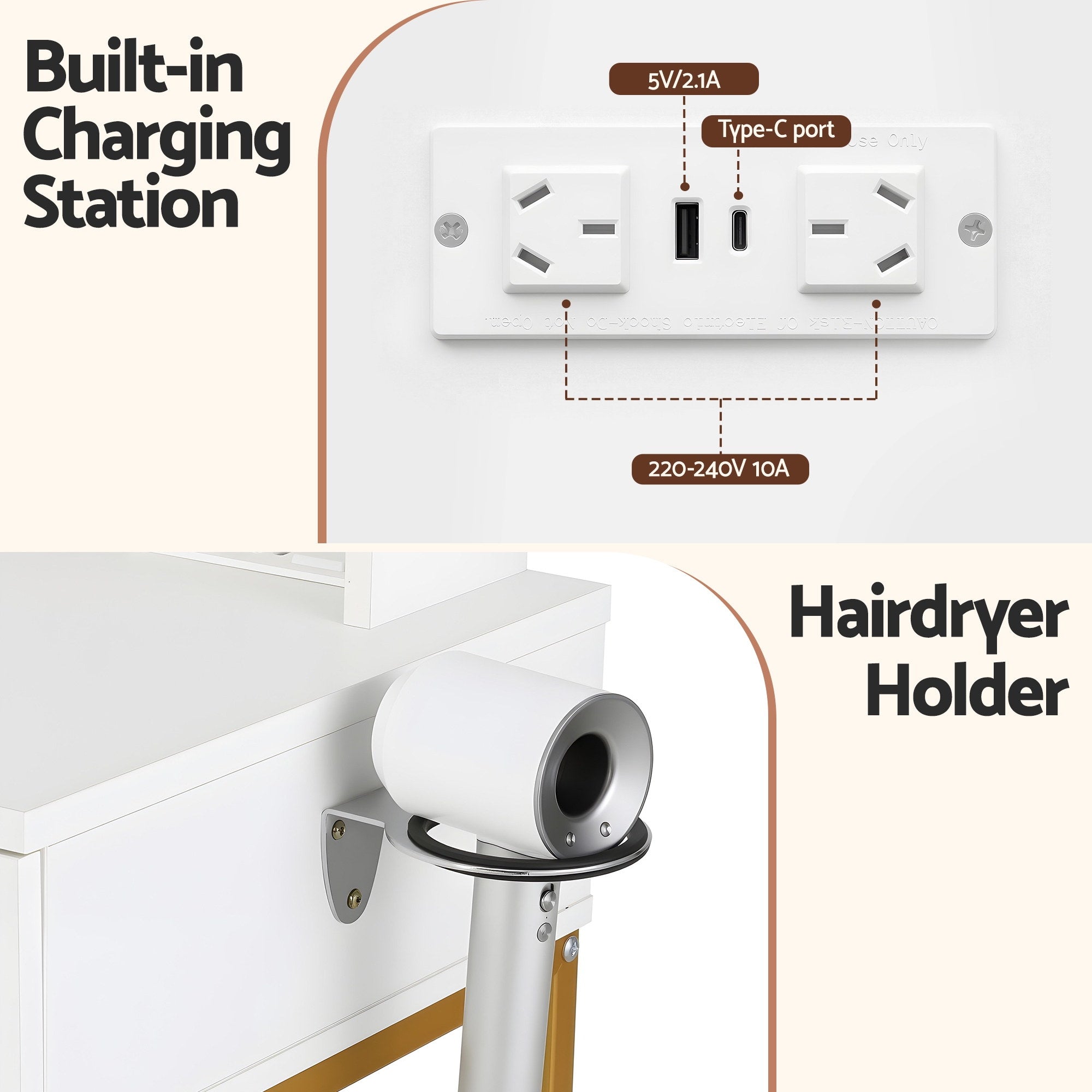 Artiss Dressing Table Vanity Desk Set Stool LED Charging Station White