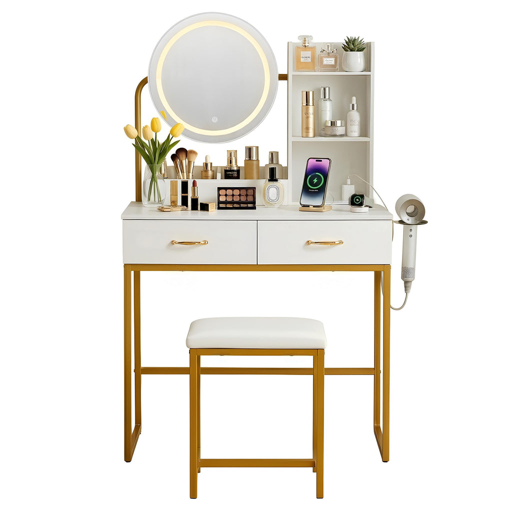 Artiss Dressing Table Vanity Desk Set Stool LED Charging Station White