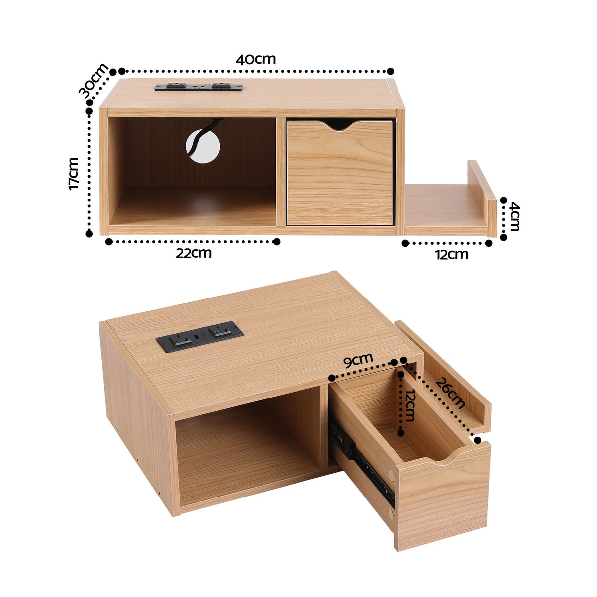 Artiss Floating Bedside Table with Charging Station Drawer Wall Mounted Oak