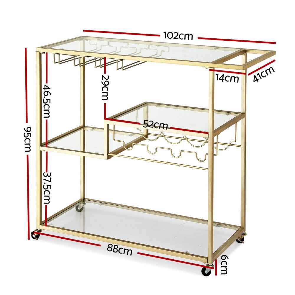 Artiss Bar Cart Drink Trolley Serving Cocktail Wine Rack Glass Holder 102cm Gold