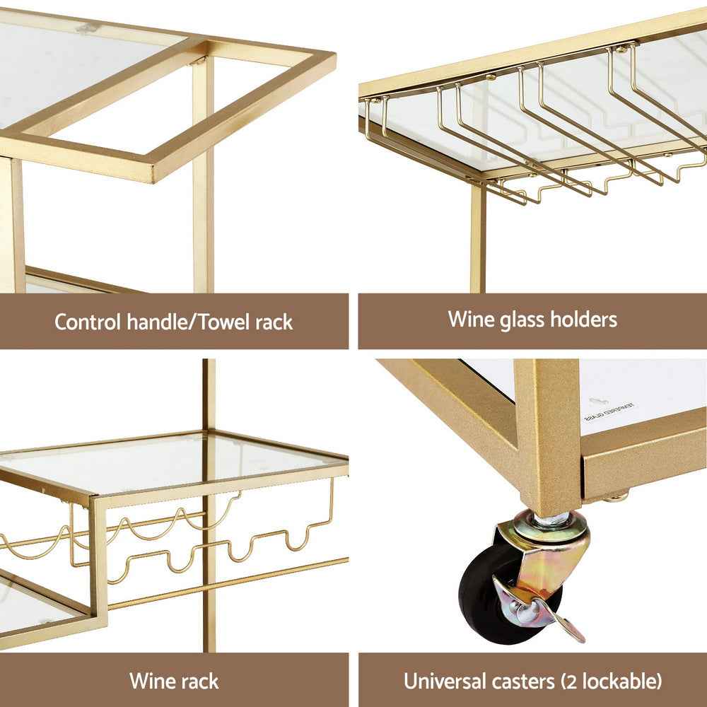 Artiss Bar Cart Drink Trolley Serving Cocktail Wine Rack Glass Holder 102cm Gold