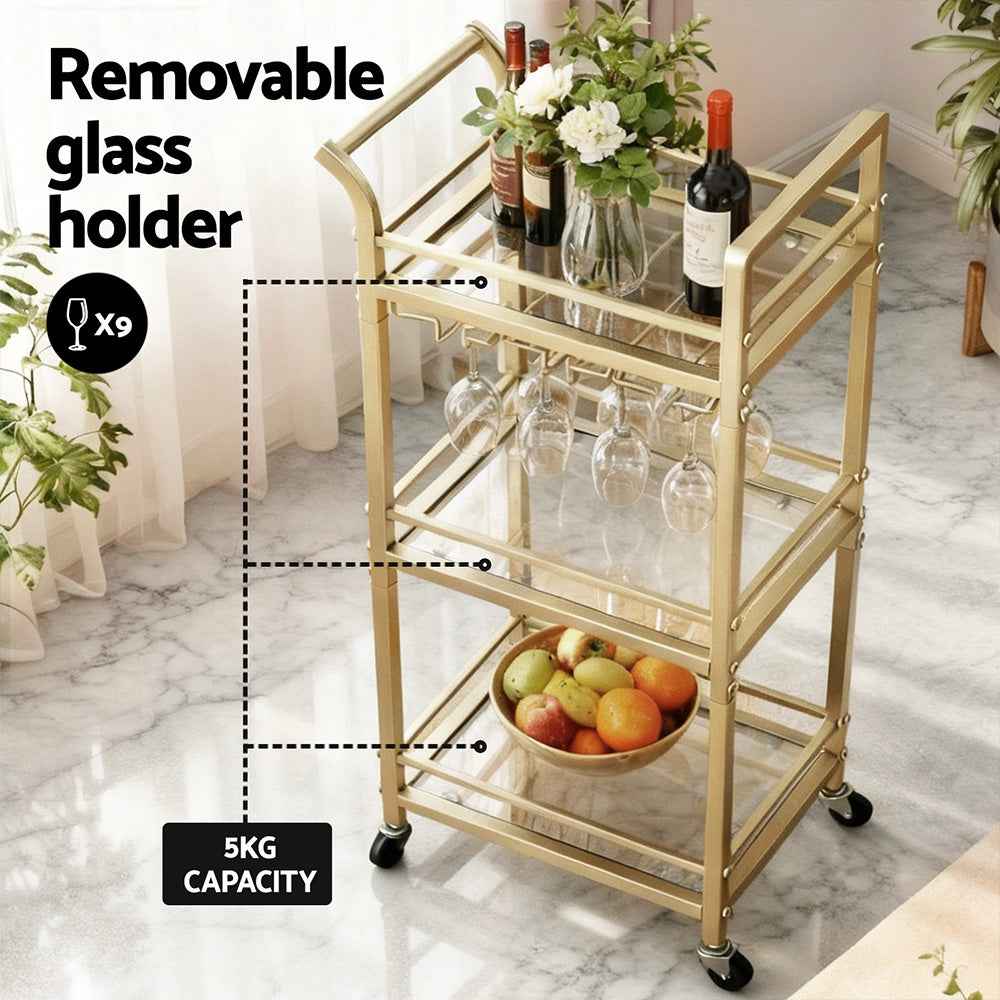 Artiss Kitchen Island Cart Trolley Rolling Serving Storage Wine Glass 43cm Gold