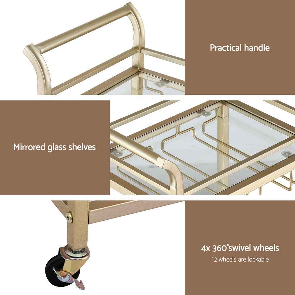 Artiss Kitchen Island Cart Trolley Rolling Serving Storage Wine Glass 43cm Gold