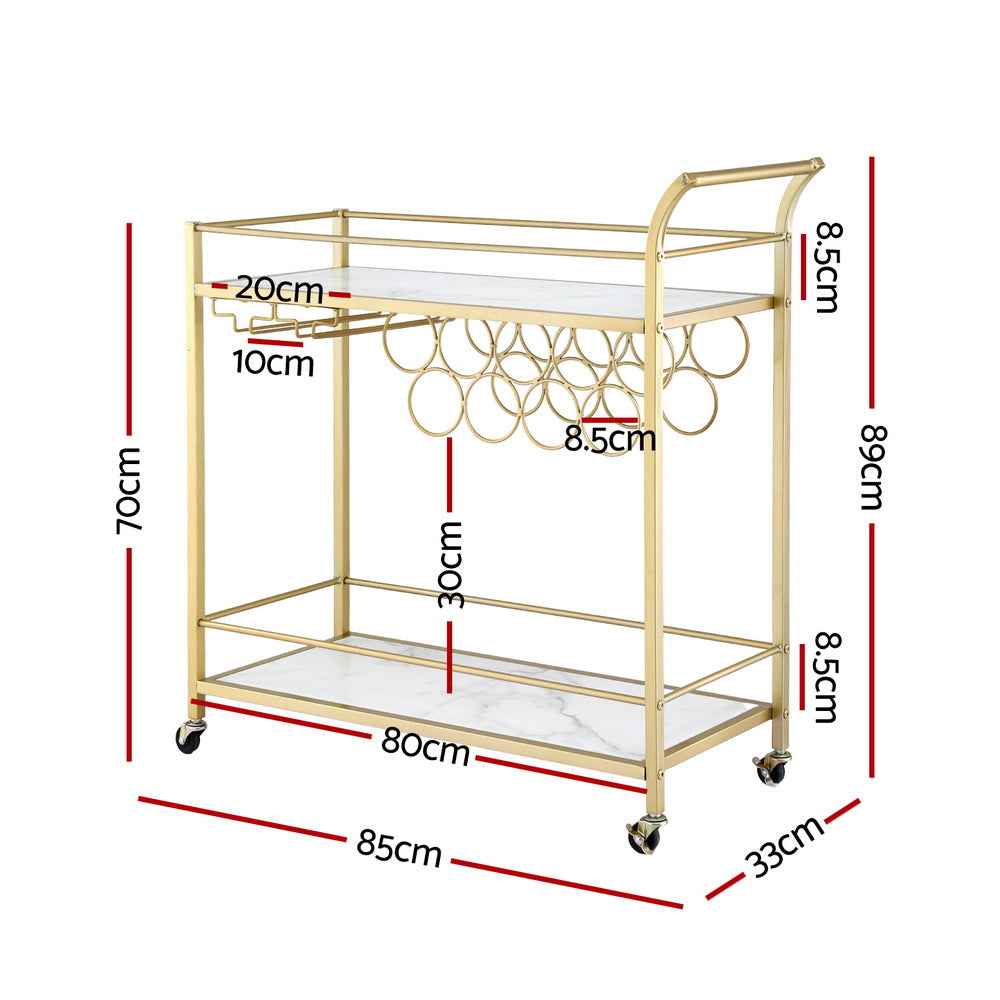 Artiss Bar Cart Drinks Trolley Serving Wine Rack Glass Holder Marble 85cm Gold