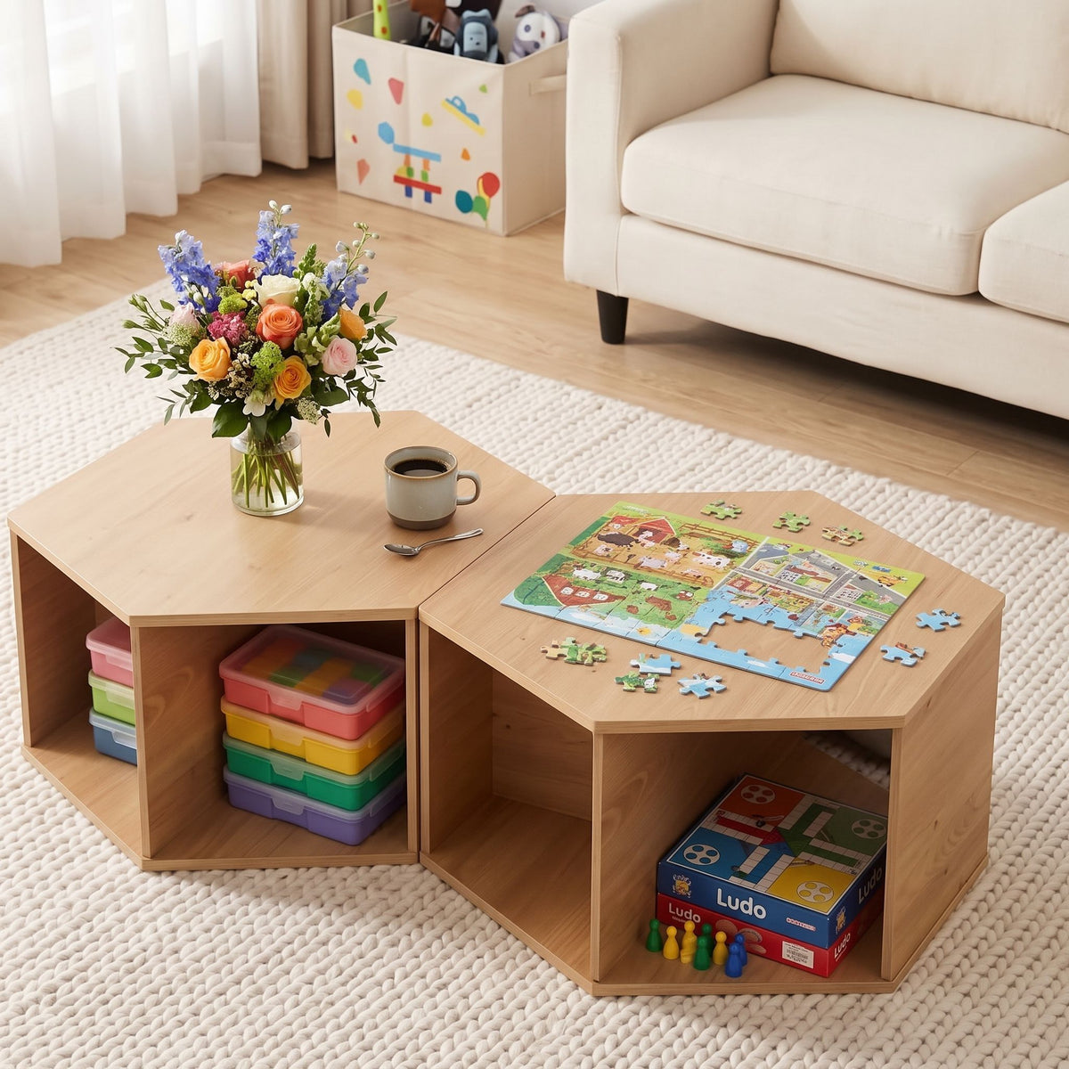 Artiss Set of 2 Coffee Table Hexagonal Center Table with Open Storage 2-Way Display Side Table Wood