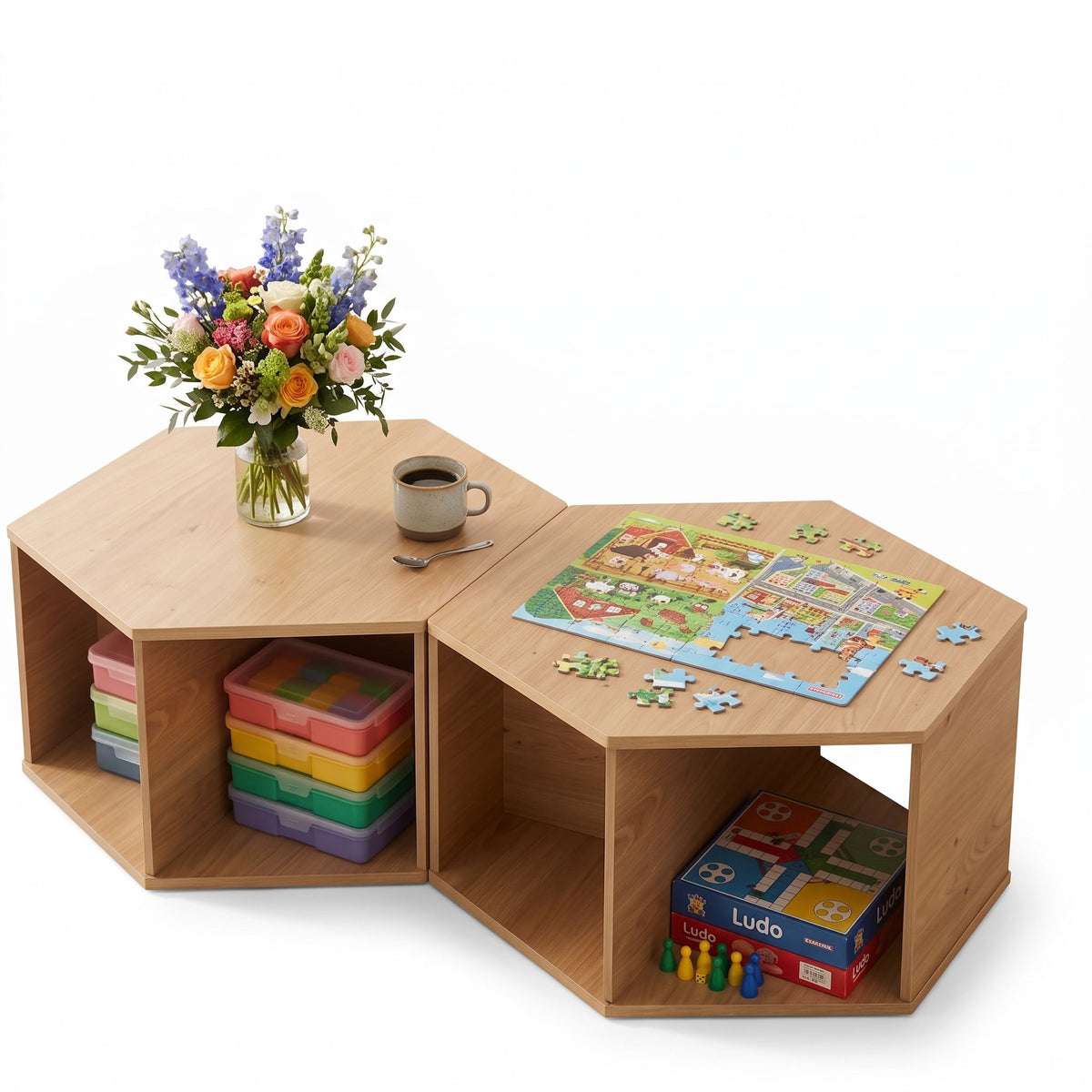 Artiss Set of 2 Coffee Table Hexagonal Center Table with Open Storage 2-Way Display Side Table Wood