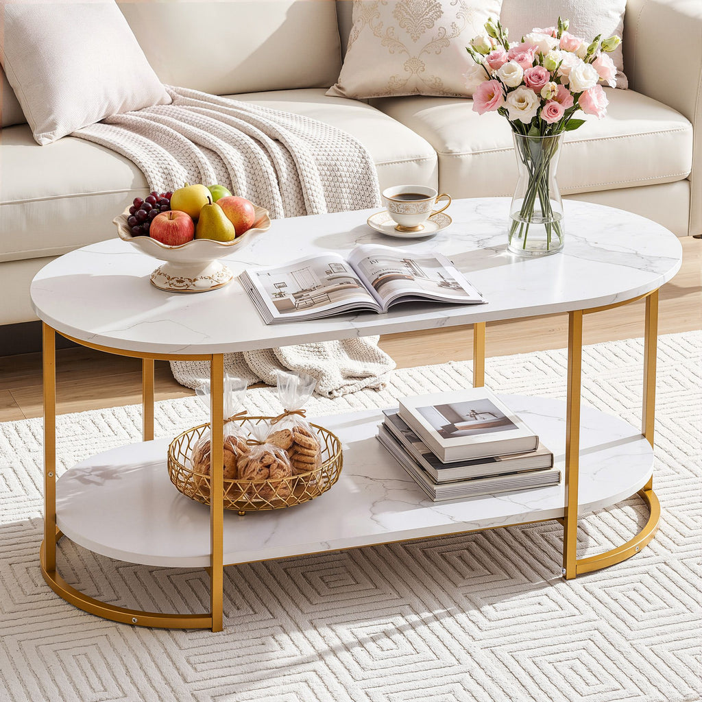 Artiss Coffee Table 2 Tier Oval Marble Finish Storage Shelf Metal Frame Center Table Living Room 100x50x45cm White & Gold